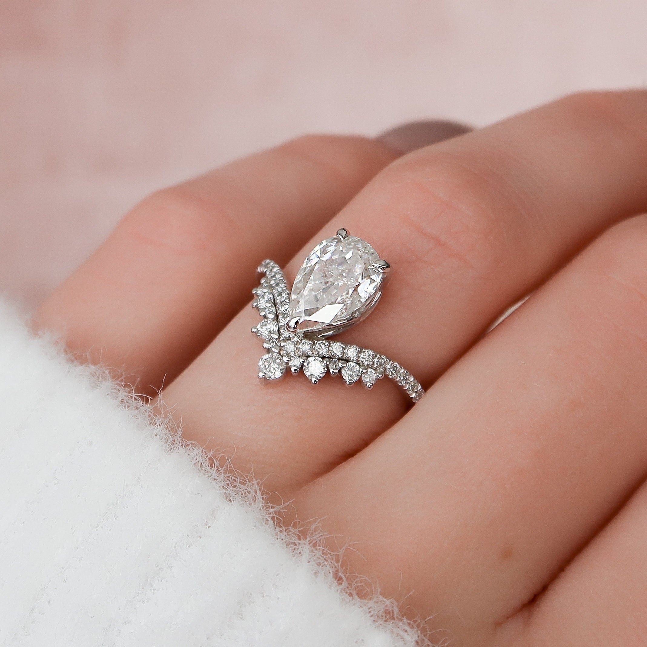 Pear Chevron Moissanite Engagement Ring in Solid Gold