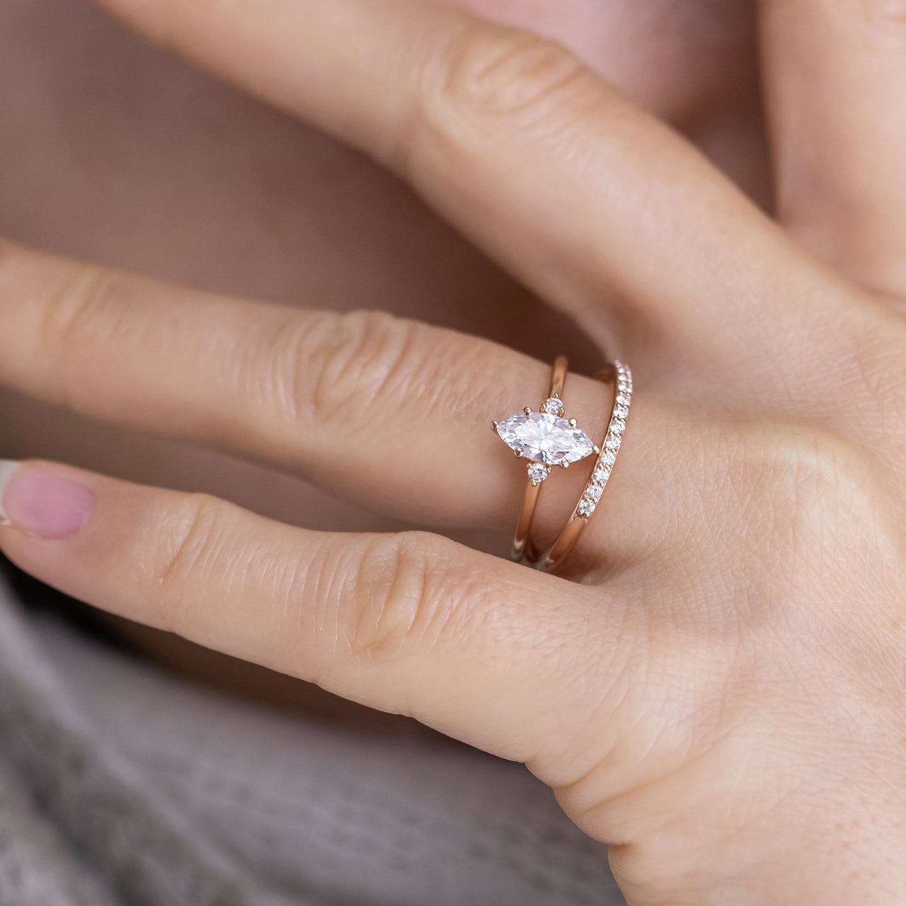 1.0CT Marquise Three Stone Moissanite Diamond Six Prong Engagement Ring