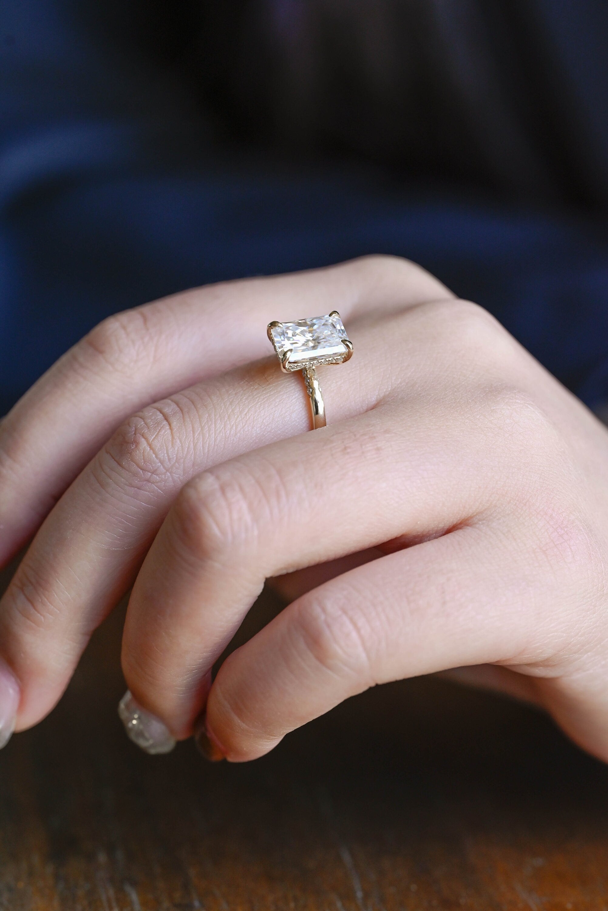 unique radiant cut hidden halo moissanite engagement ring