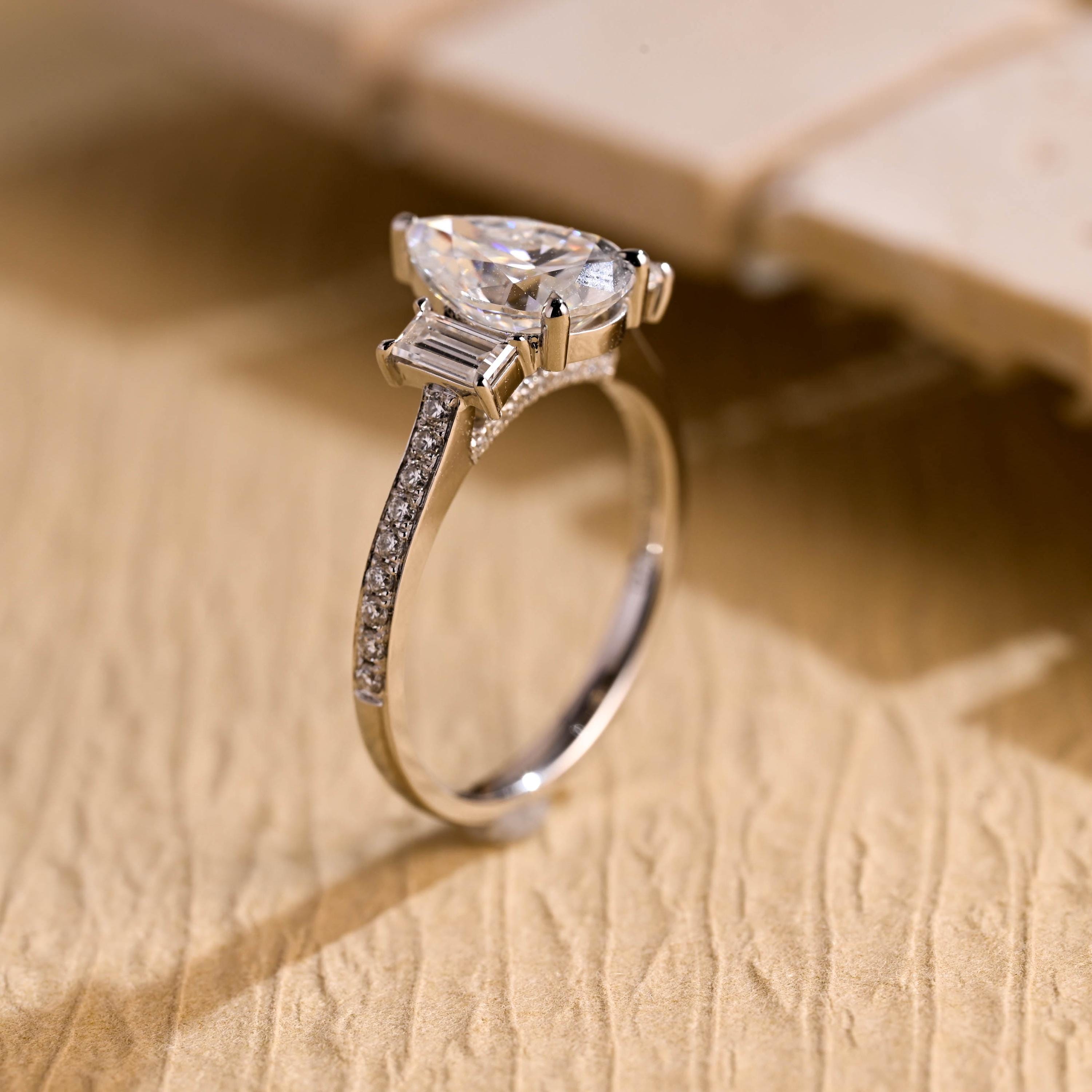 lab diamond alternative three stone pavé engagement ring