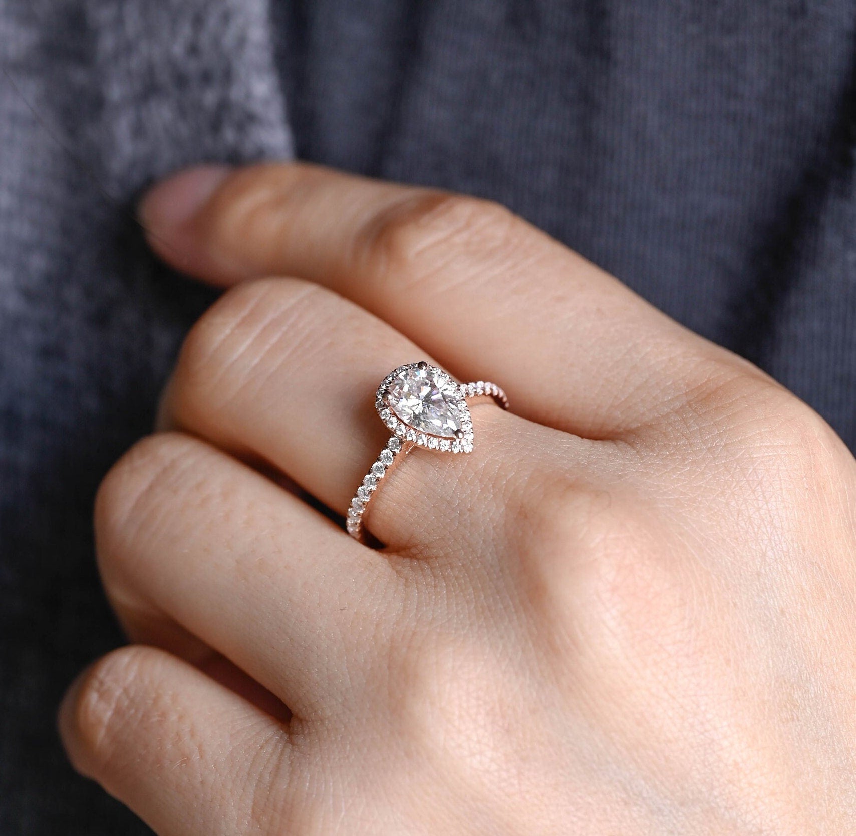 premium pear cut halo pavé moissanite ring
