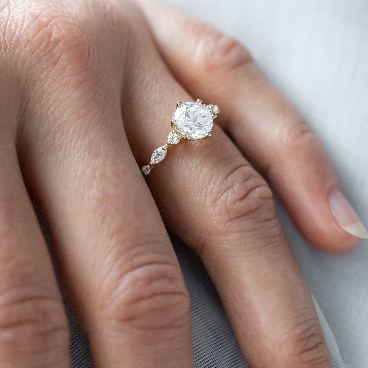 1.35CT Round Pave Moissanite Diamond Six Prong Engagement Ring In Solid Gold
