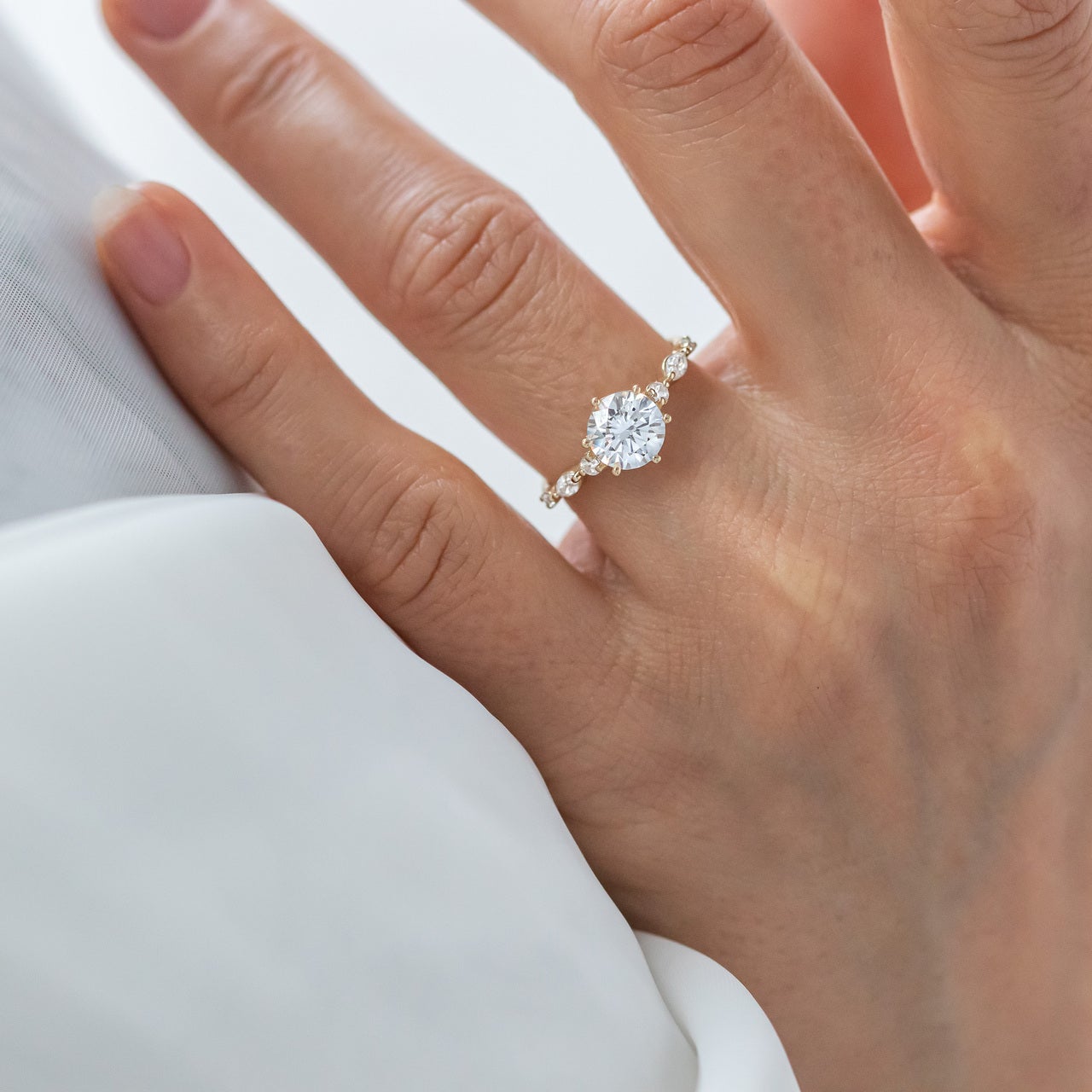1.35CT Round Pave Moissanite Diamond Six Prong Engagement Ring In Solid Gold