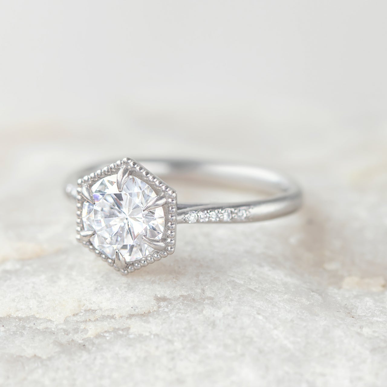 1.20CT Cathedral Set Round Moissanite Diamond Hexagonal Shaped Engagement Ring