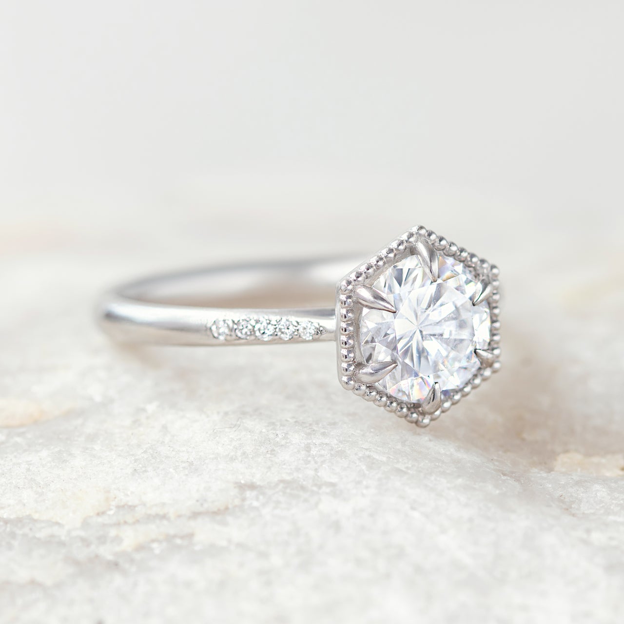 1.20CT Cathedral Set Round Moissanite Diamond Hexagonal Shaped Engagement Ring