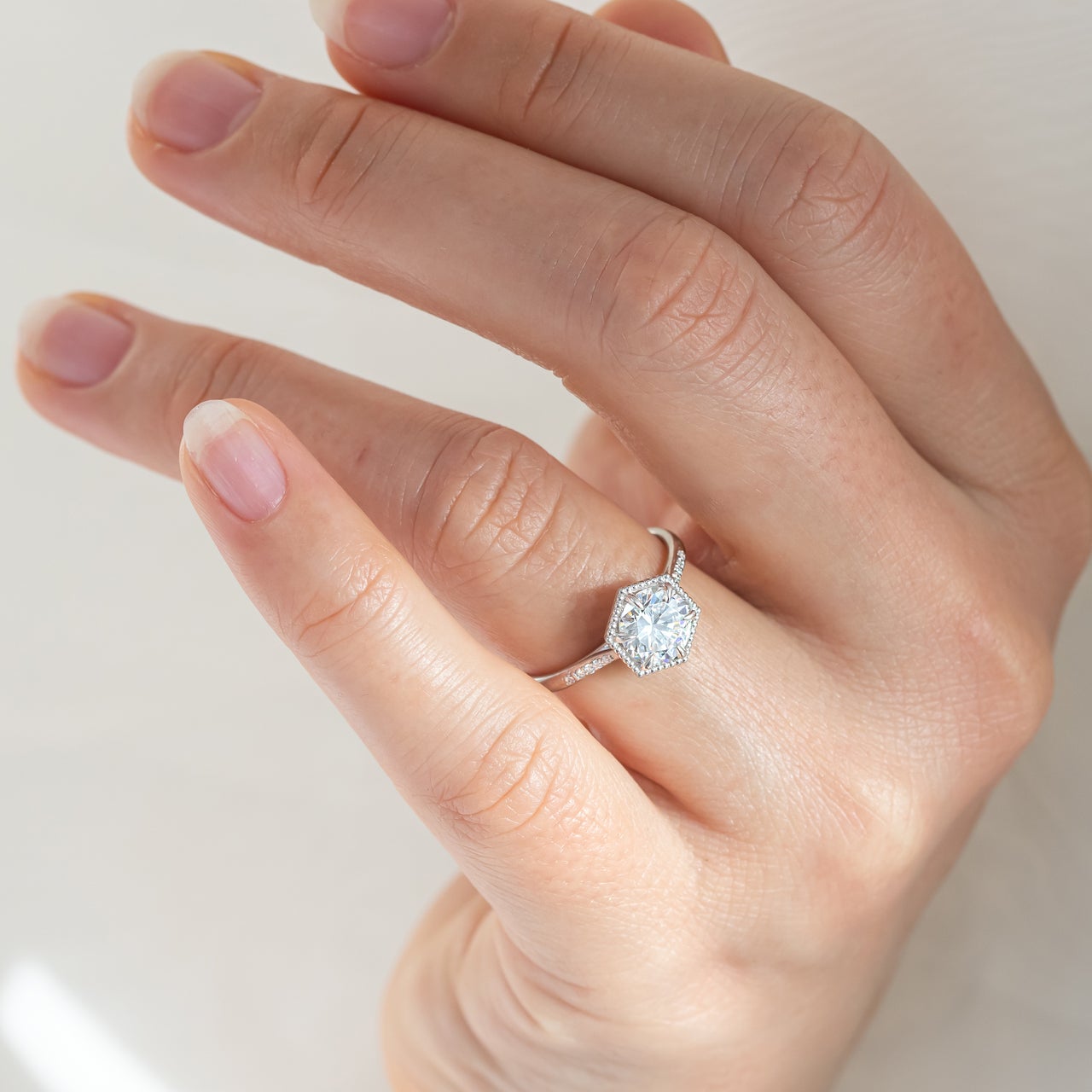 1.20CT Cathedral Set Round Moissanite Diamond Hexagonal Shaped Engagement Ring