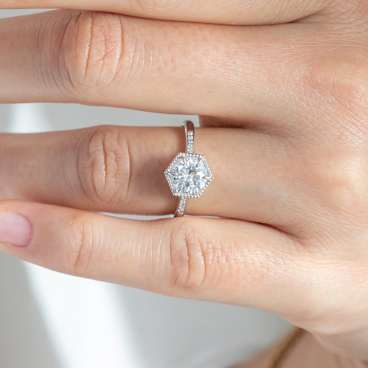 1.20CT Cathedral Set Round Moissanite Diamond Hexagonal Shaped Engagement Ring