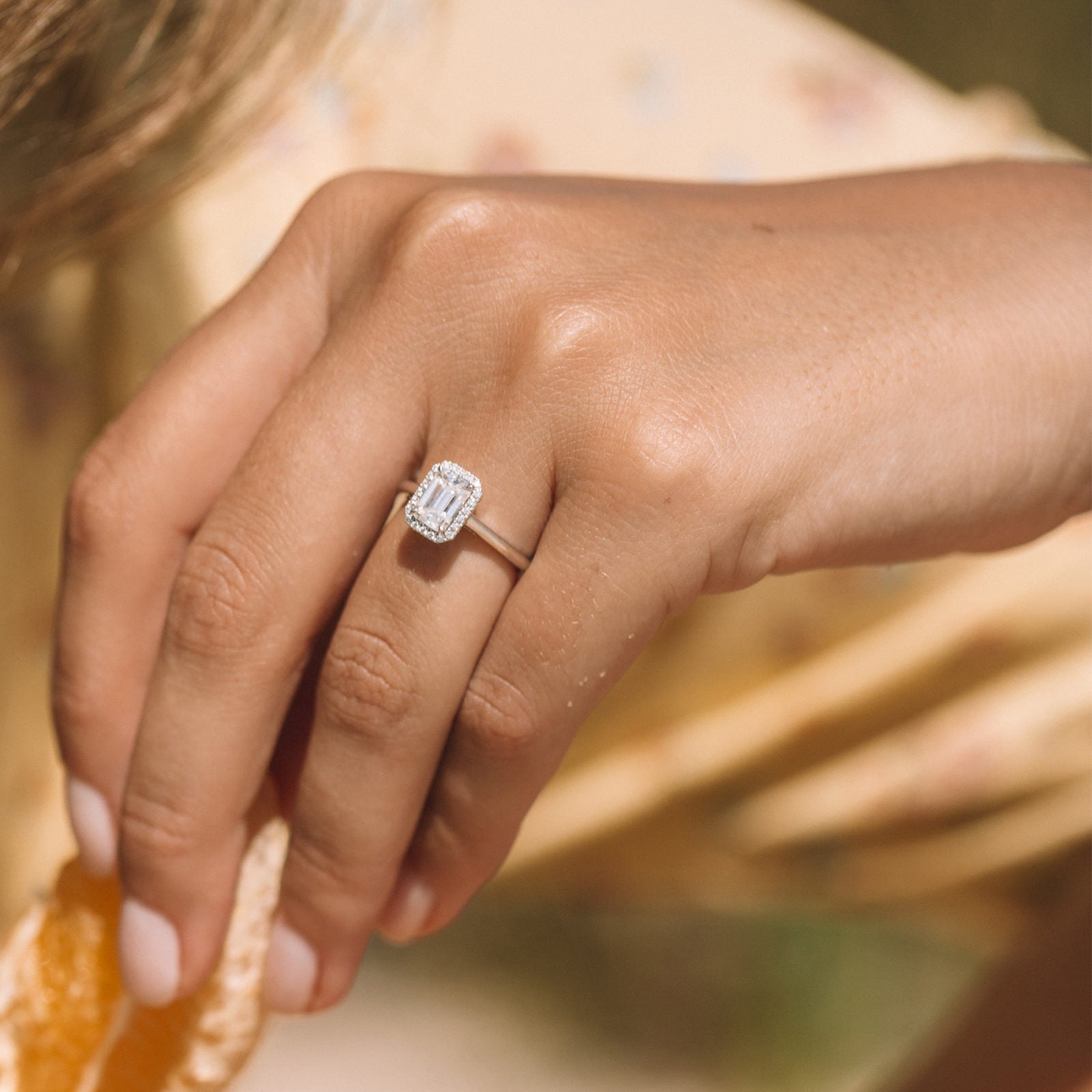 0.95ct Emerald Cut Halo Moissanite Diamond Solitaire Engagement Ring