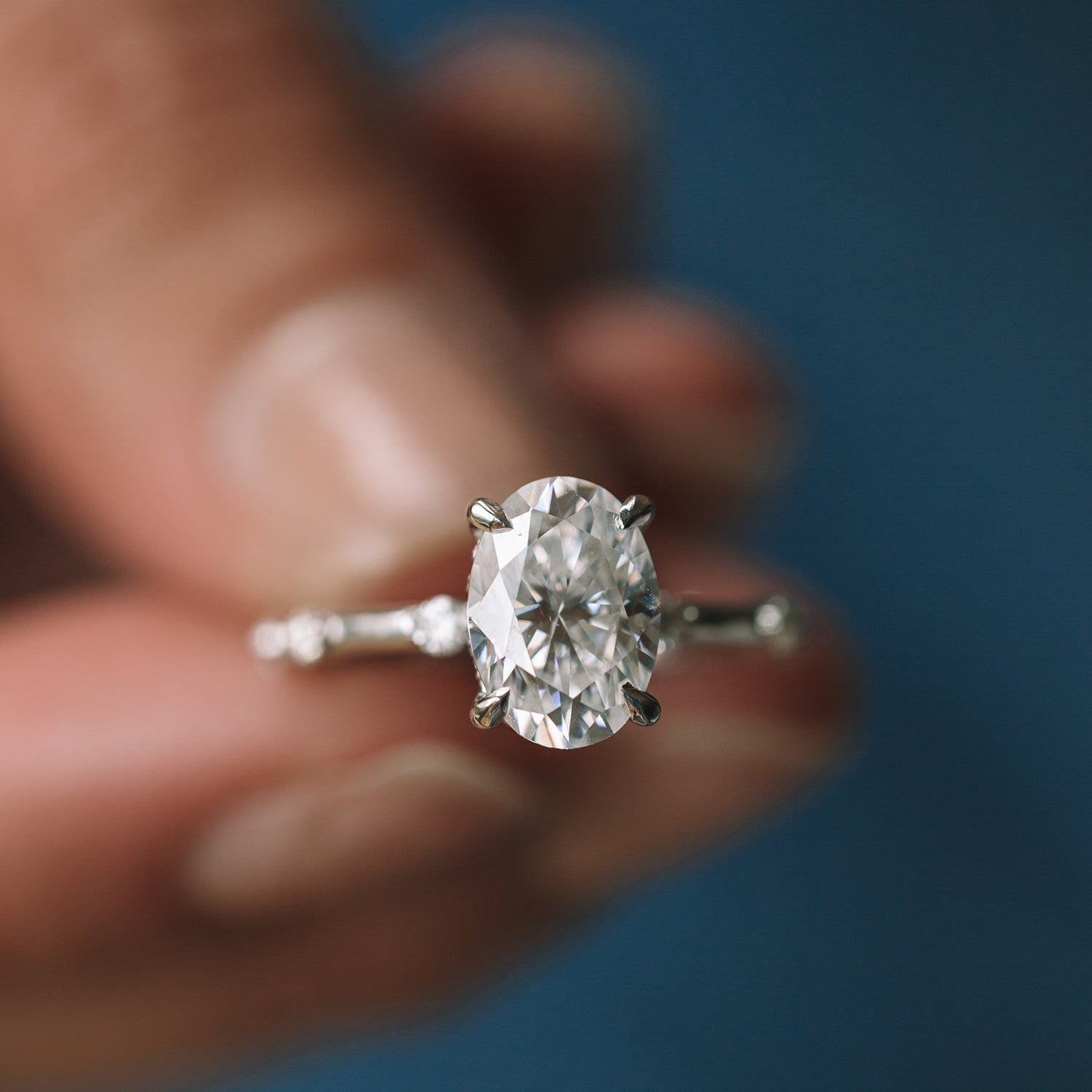 2.10ct Oval Hidden Halo Moissanite Diamond Petite Pave Engagement Ring
