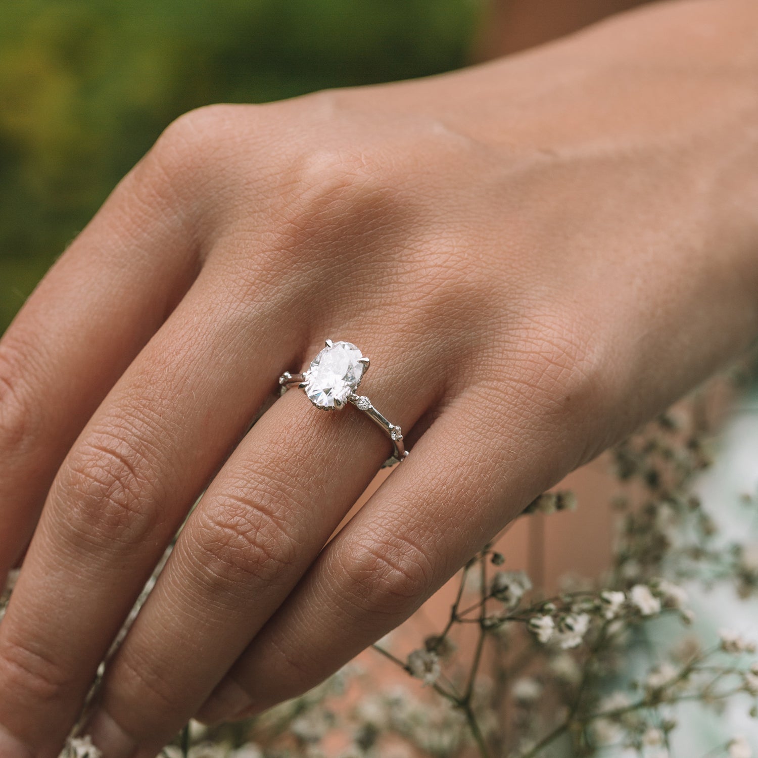 2.10ct Oval Hidden Halo Moissanite Diamond Petite Pave Engagement Ring