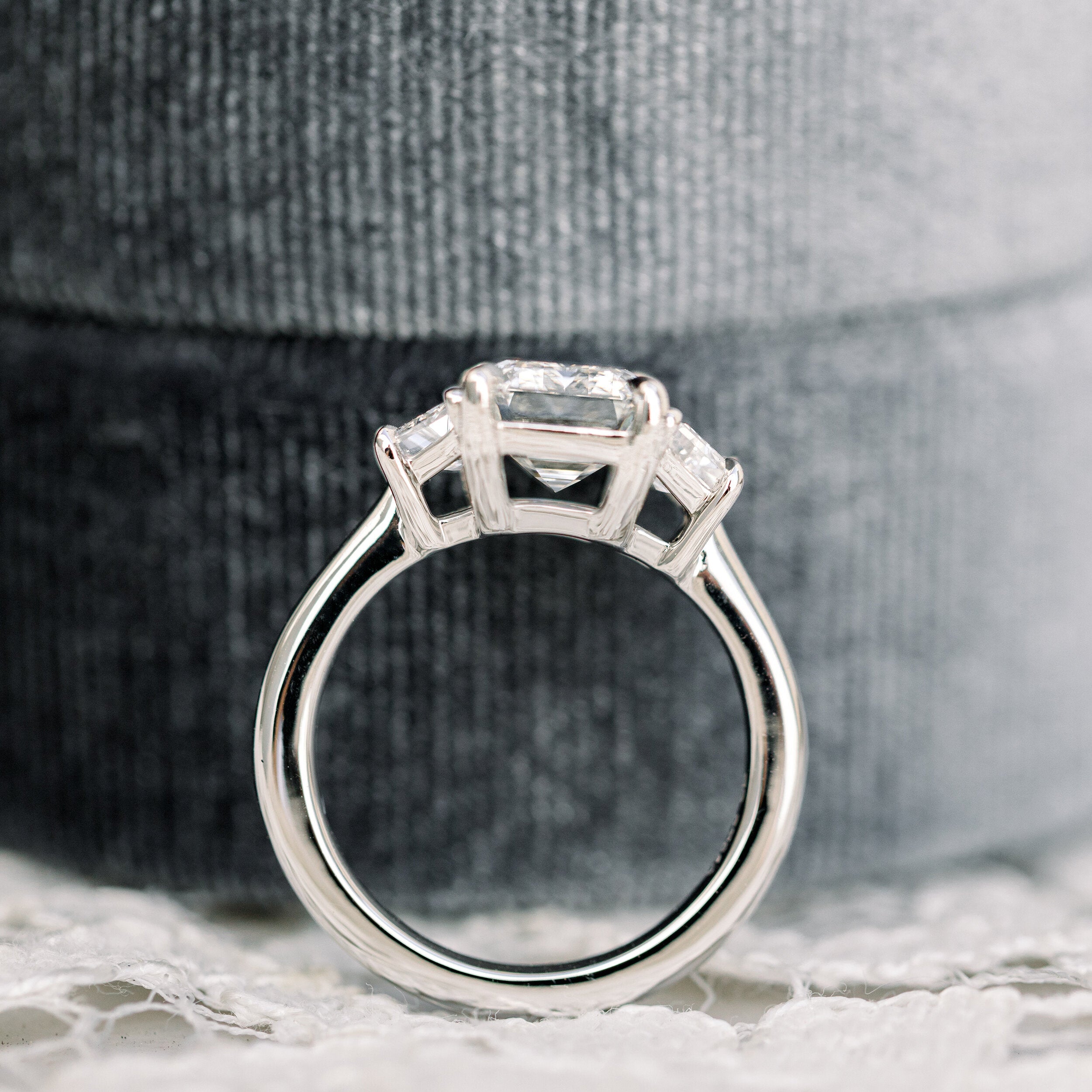 2.75CT Emerald Cut Three Stone Moissanite Diamond Cathedral Set Engagement Ring For Women