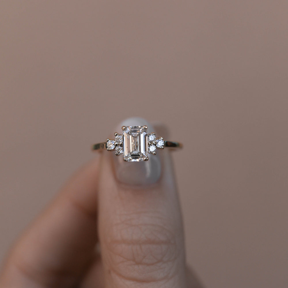 1.10ct Elongated Emerald Cut Cluster Moissanite Diamond Engagement Ring