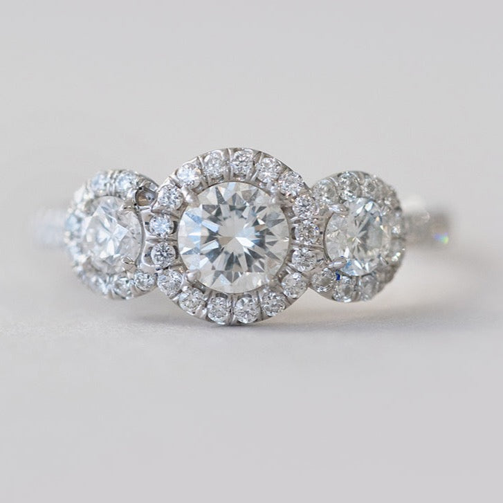 1.18CT Round Three Stone Moissanite Halo Diamond Engagement Ring
