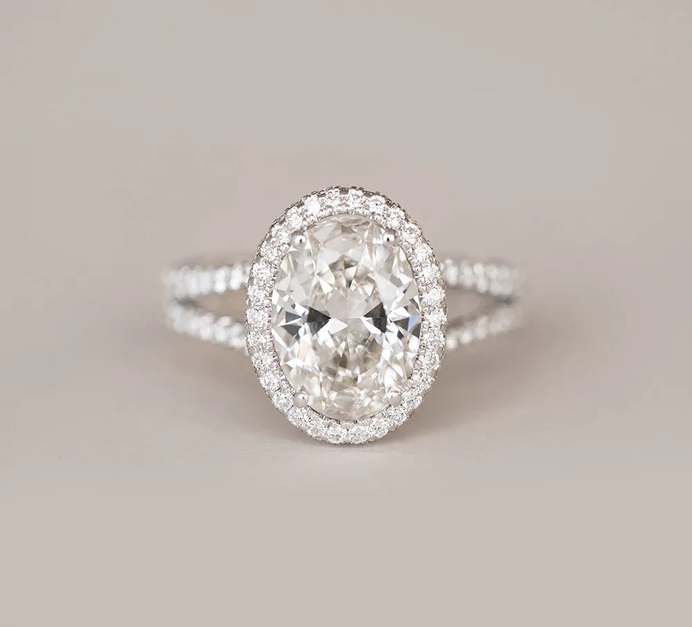 2.29CT Oval Halo Moissanite Diamond Split Shank Engagement Ring in 18K White Gold