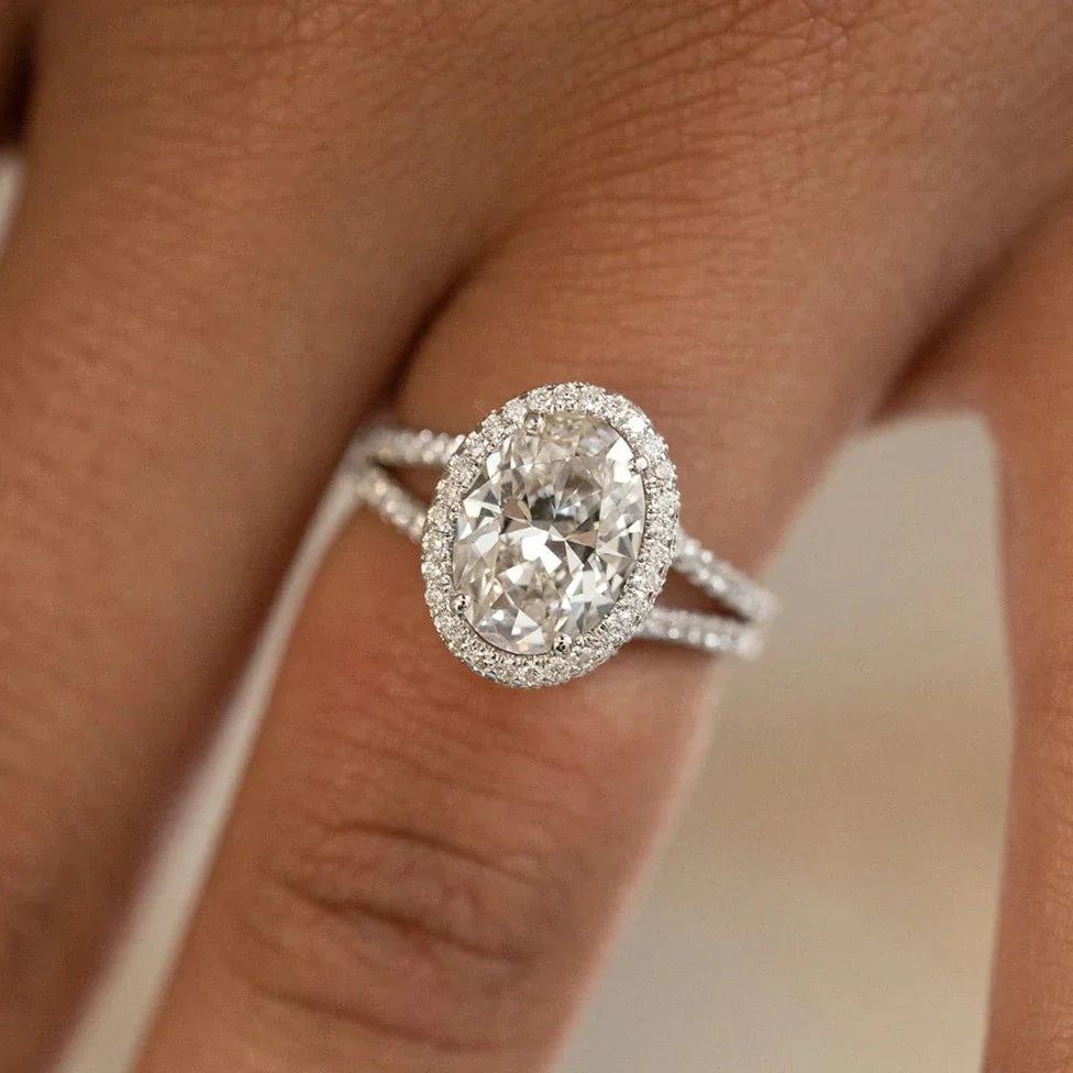 2.29CT Oval Halo Moissanite Diamond Split Shank Engagement Ring in 18K White Gold