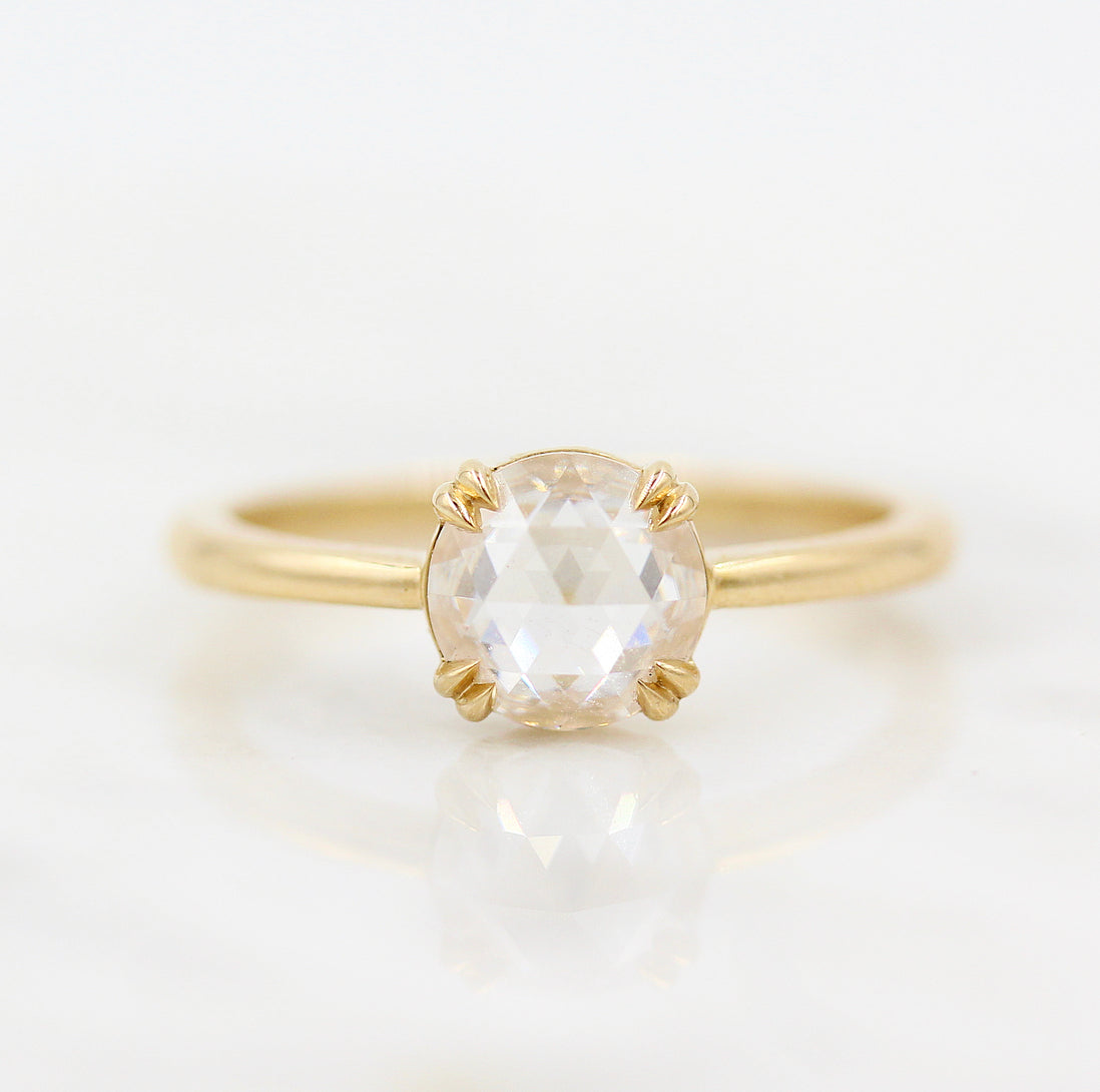 1ct Round Rose Cut Moissanite Diamond Double Claw Prong Solitaire Engagement Ring