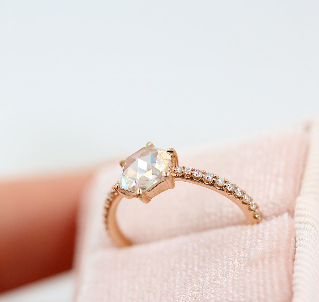 1.0ct Round Rose Cut Moissanite Diamond Pave Engagement Ring