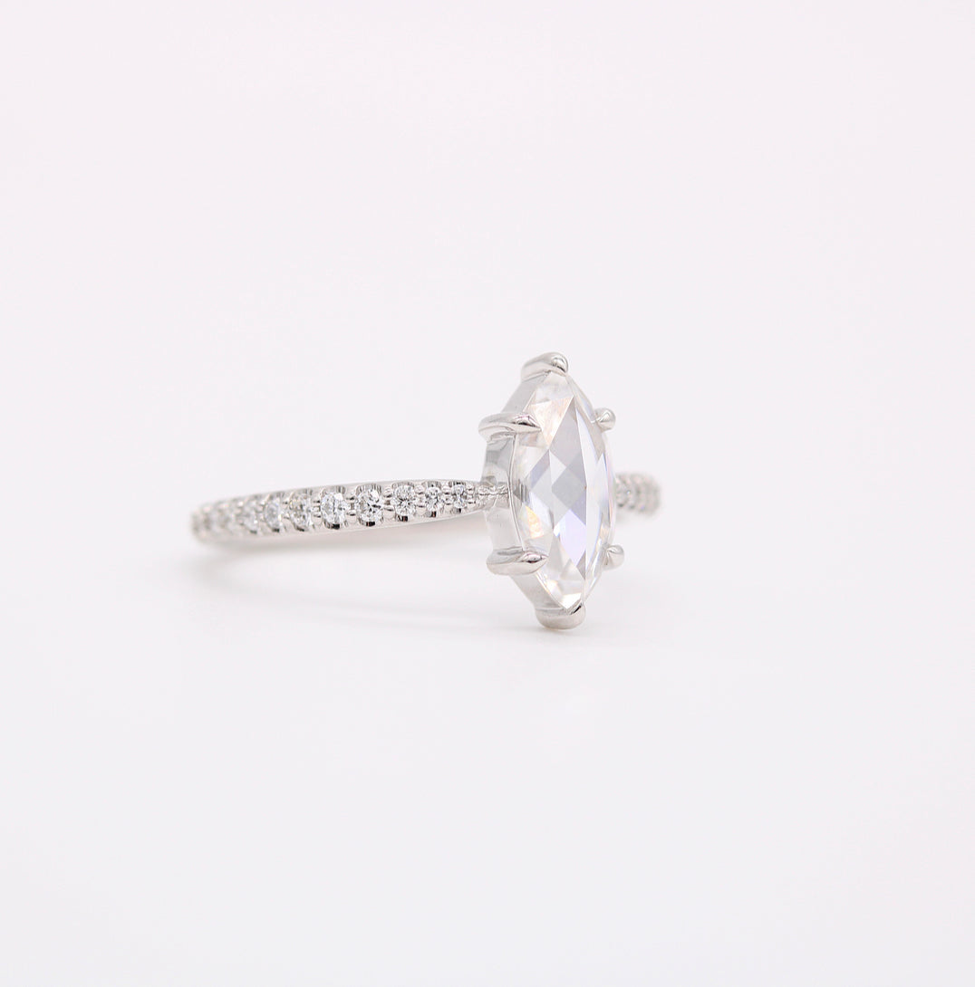 0.90ct Marquise Rose Cut Pave Moissanite Diamond Engagement Ring In Solid Gold