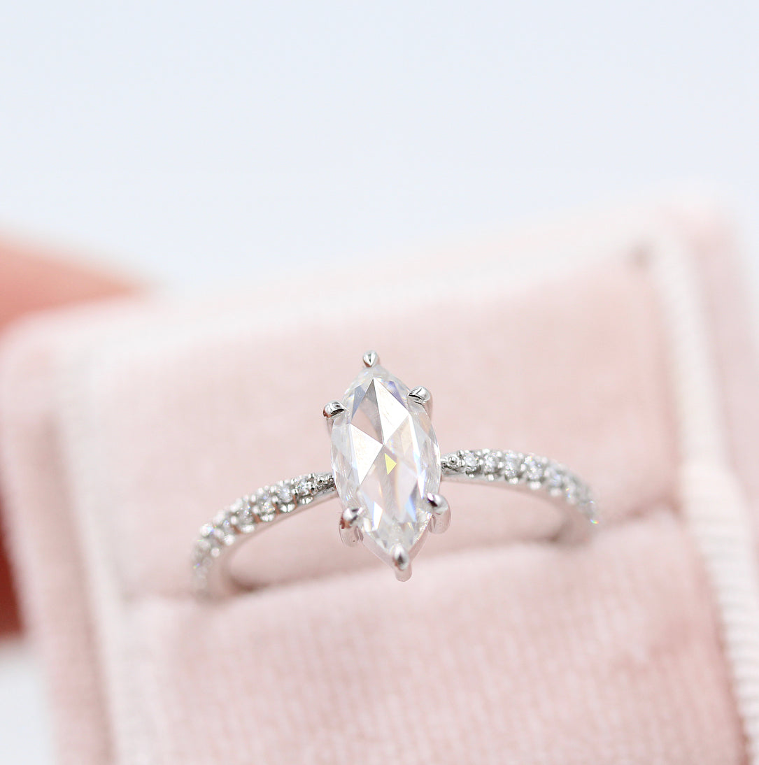 0.90ct Marquise Rose Cut Pave Moissanite Diamond Engagement Ring In Solid Gold