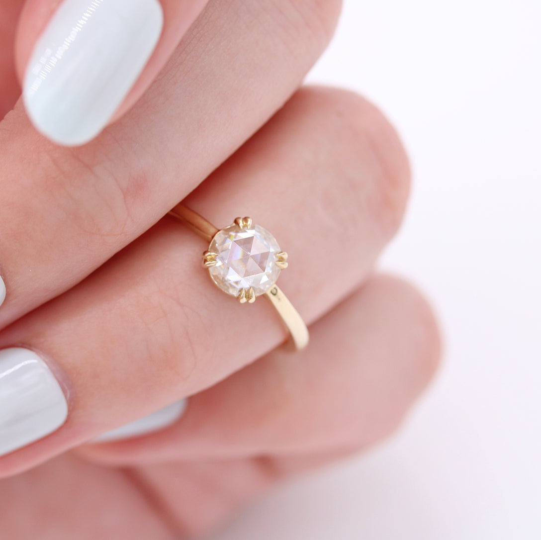 1ct Round Rose Cut Moissanite Diamond Double Claw Prong Solitaire Engagement Ring