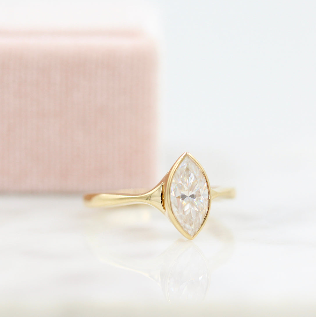 1.0CT Bezel Set Marquise Moissanite Diamond Solitaire Engagement Ring
