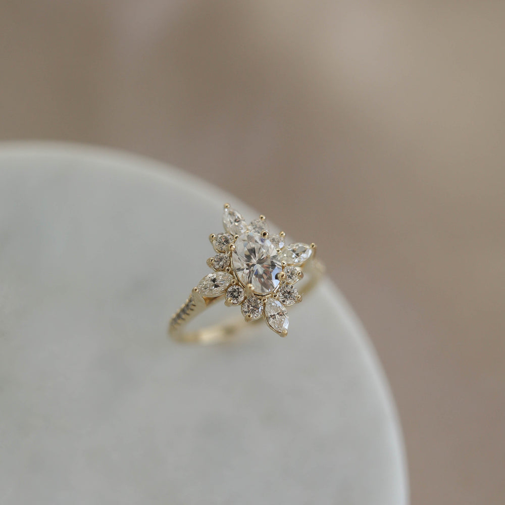 0.75CT Oval Moissanite Cluster Diamond Engagement Ring