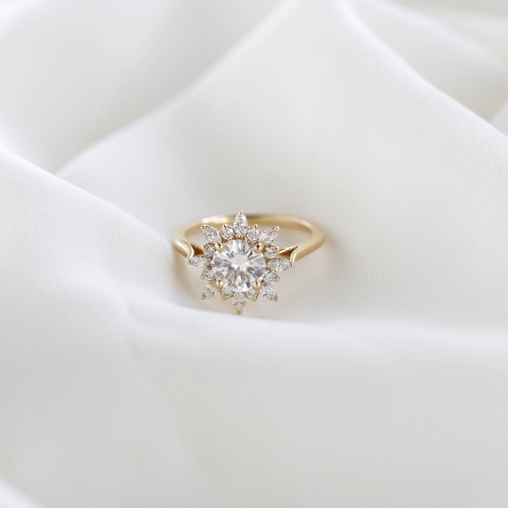 1.05CT Round Cluster Moissanite Diamond Floral Engagement Ring In Solid Gold