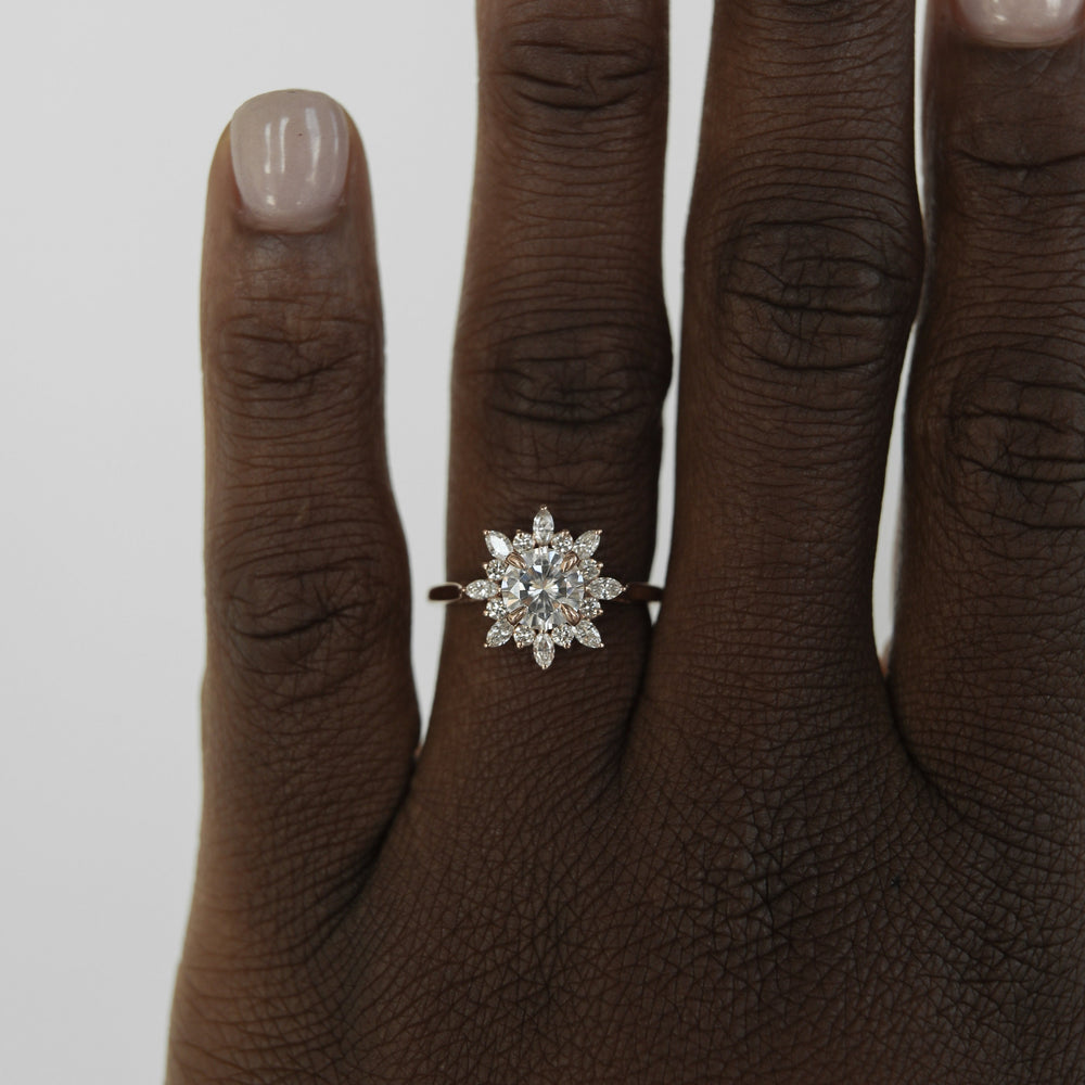 1.05CT Round Cluster Moissanite Diamond Floral Engagement Ring In Solid Gold