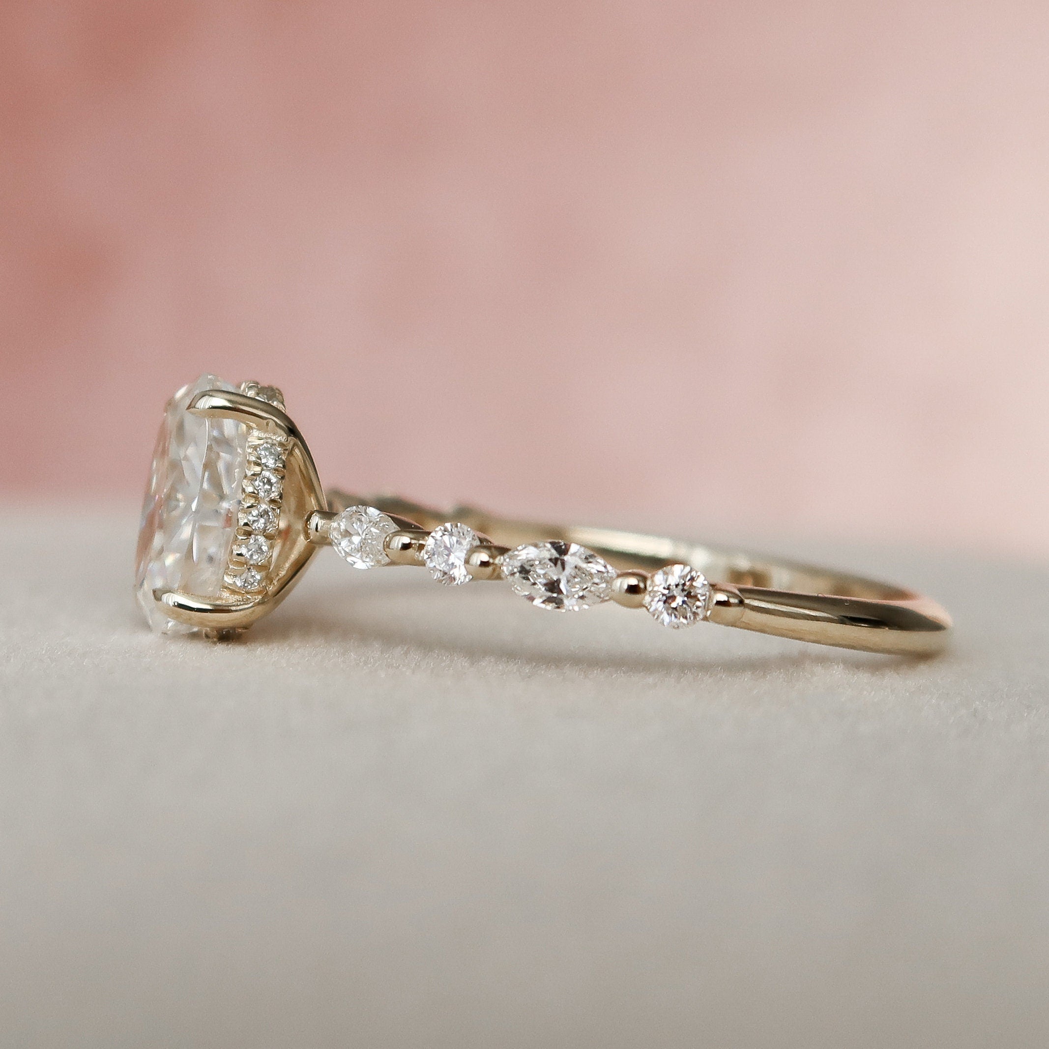 Oval Cut Moissanite Ring Featuring Hidden Halo Detail