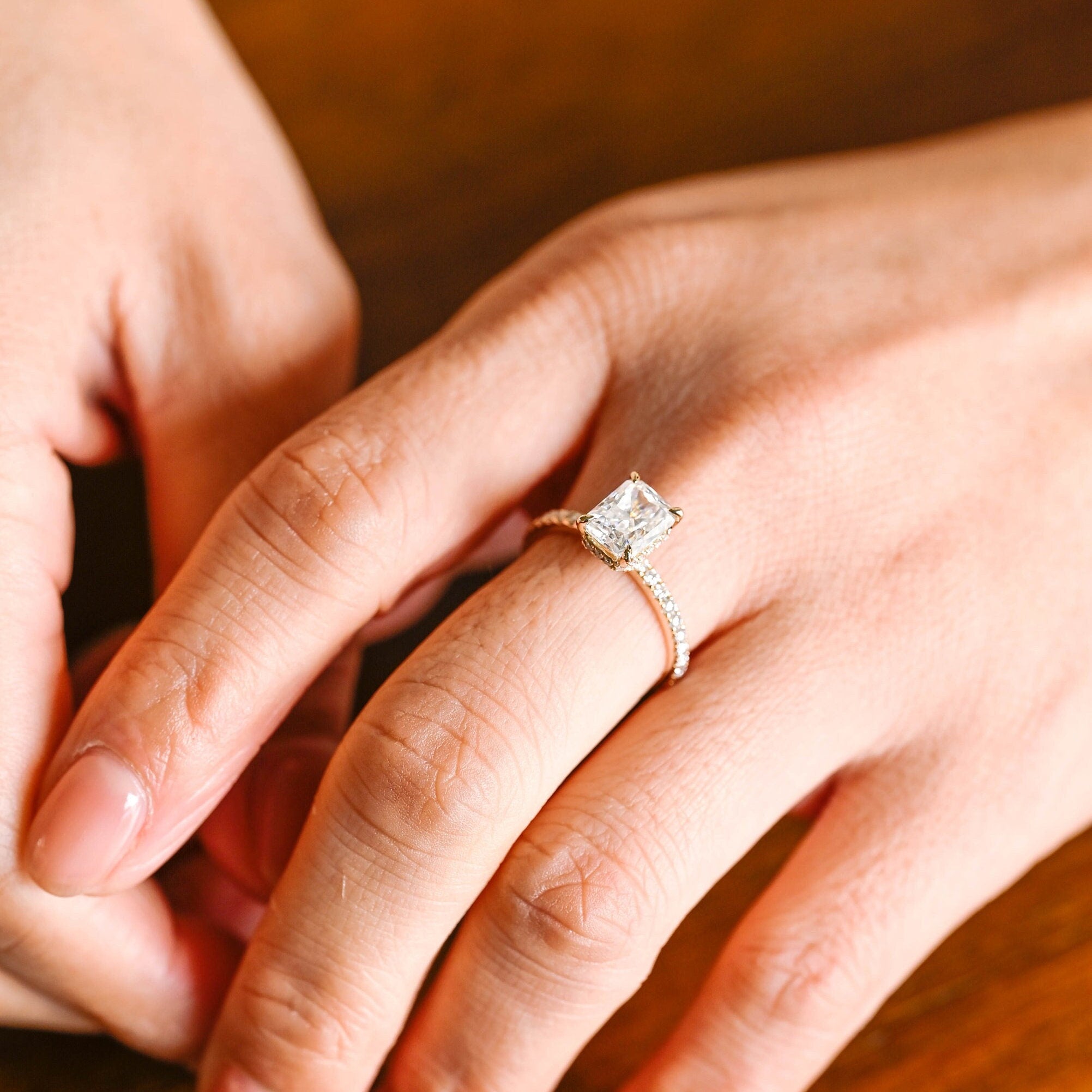unique radiant cut hidden halo moissanite engagement ring