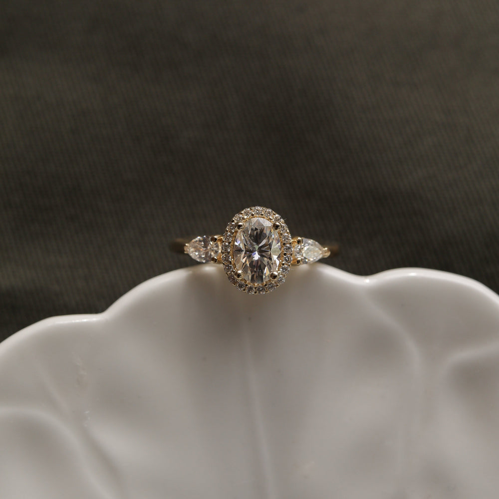 1.20CT Oval Halo Moissanite Three Stone Diamond Engagement Ring