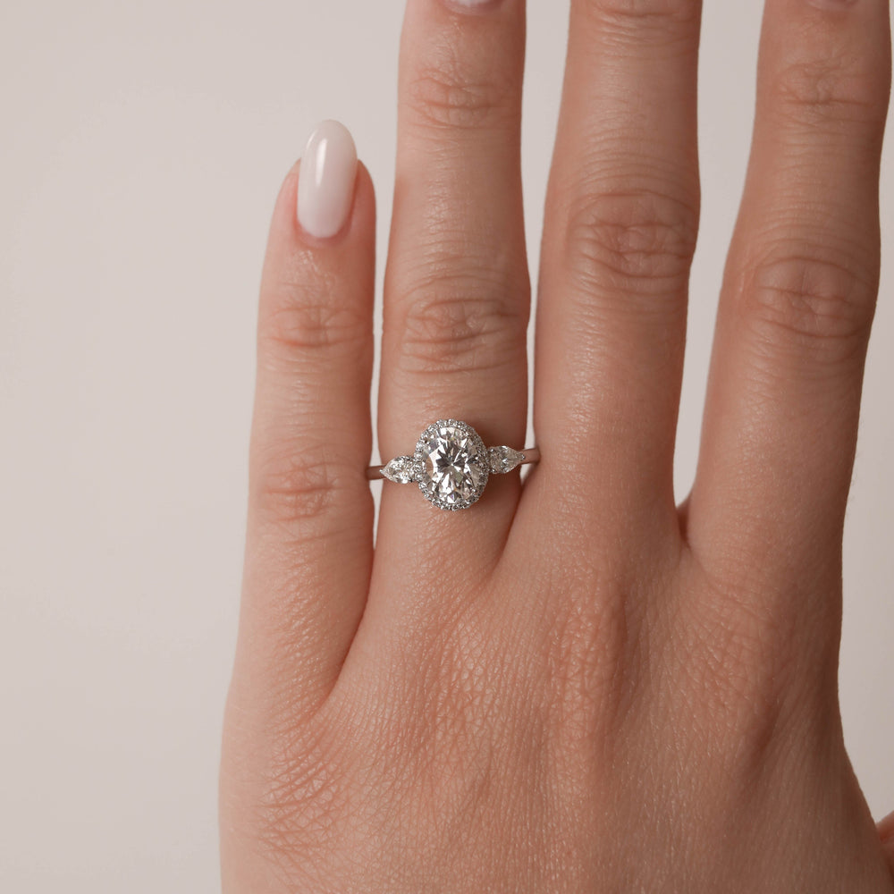 1.20CT Oval Halo Moissanite Three Stone Diamond Engagement Ring