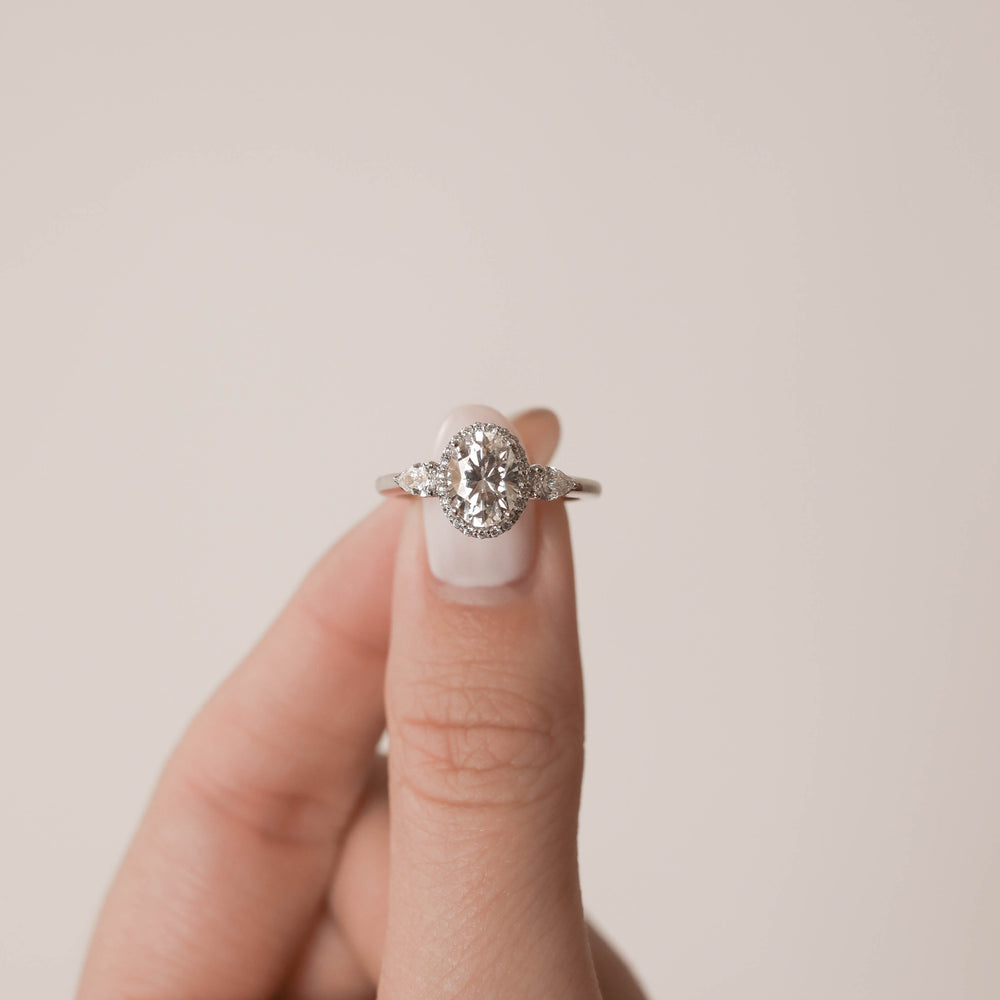 1.20CT Oval Halo Moissanite Three Stone Diamond Engagement Ring