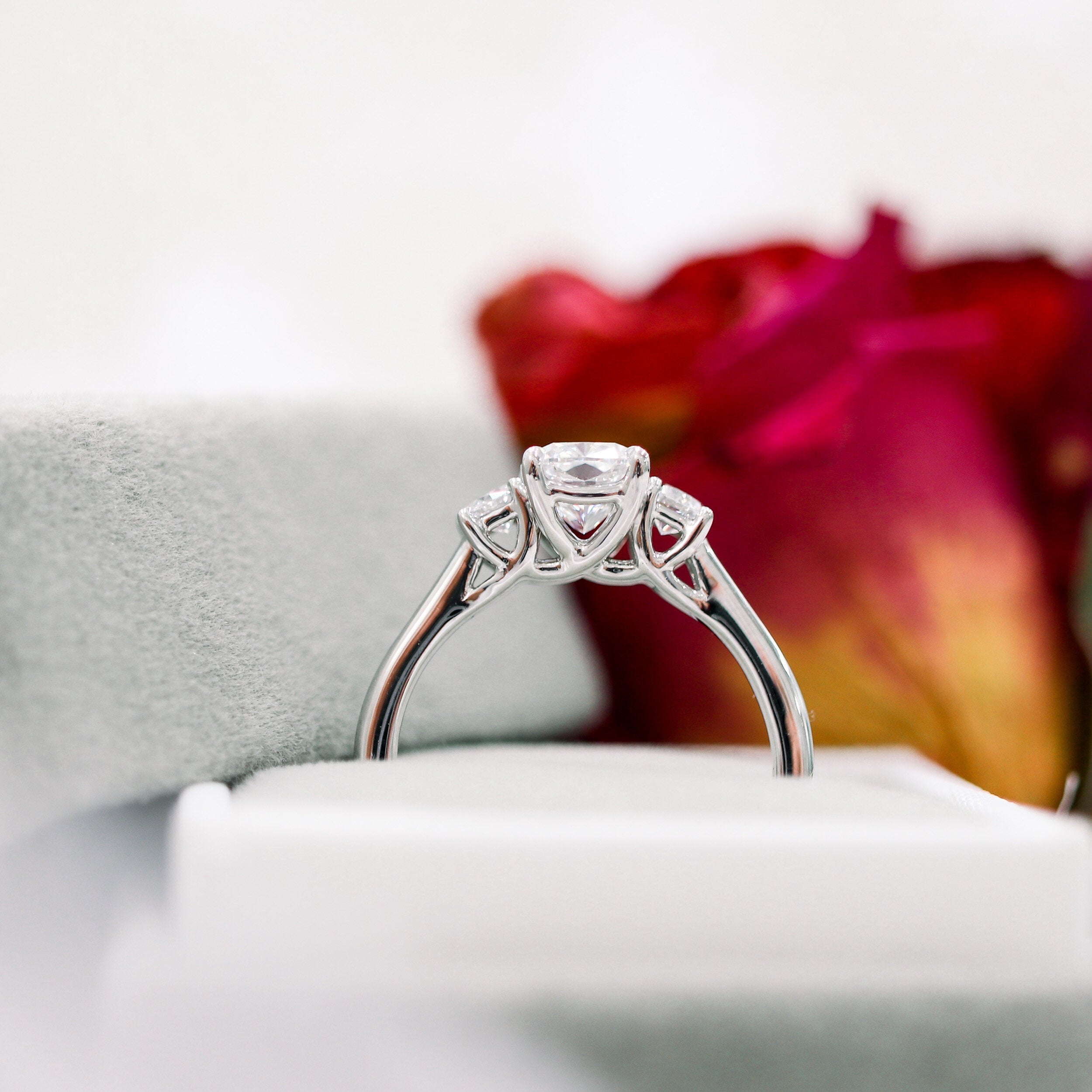 2.50CT Elongated Cushion Three Stone Moissanite Diamond Engagement Ring