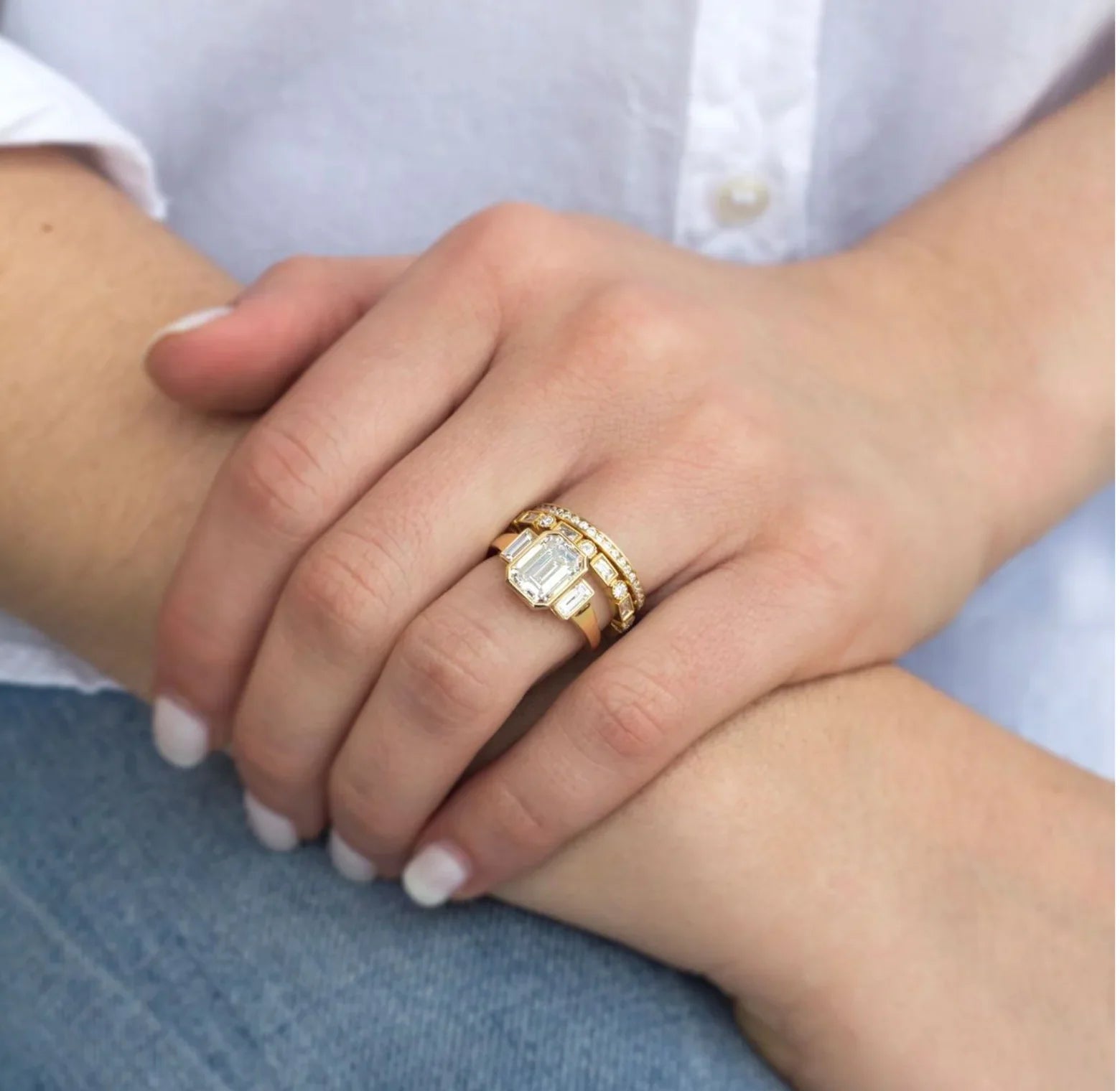 2.21ct Emerald Cut Bezel Moissanite Five Diamond Engagement Ring