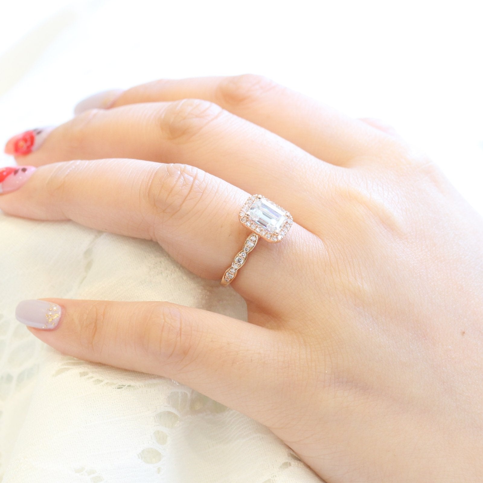 Emerald Moissanite Engagement Ring