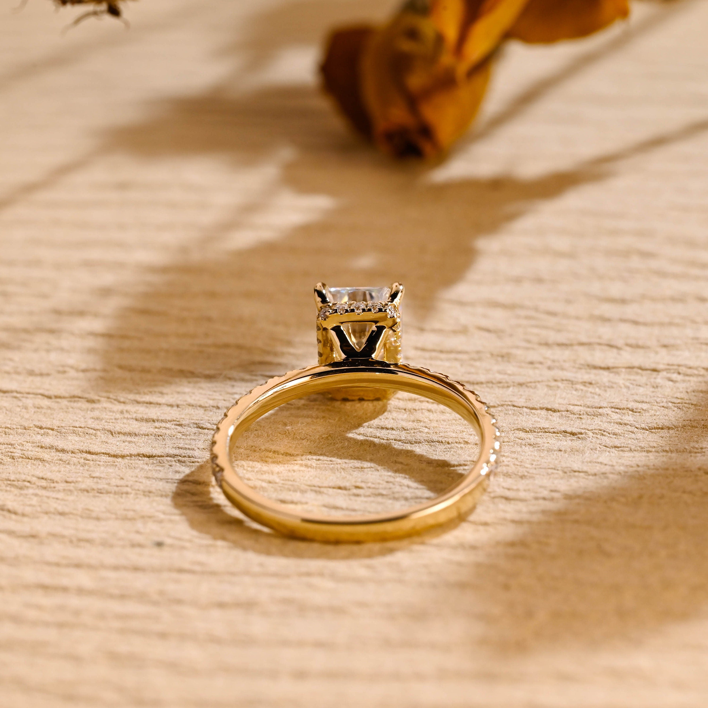 gold hidden halo moissanite engagement ring radiant cut
