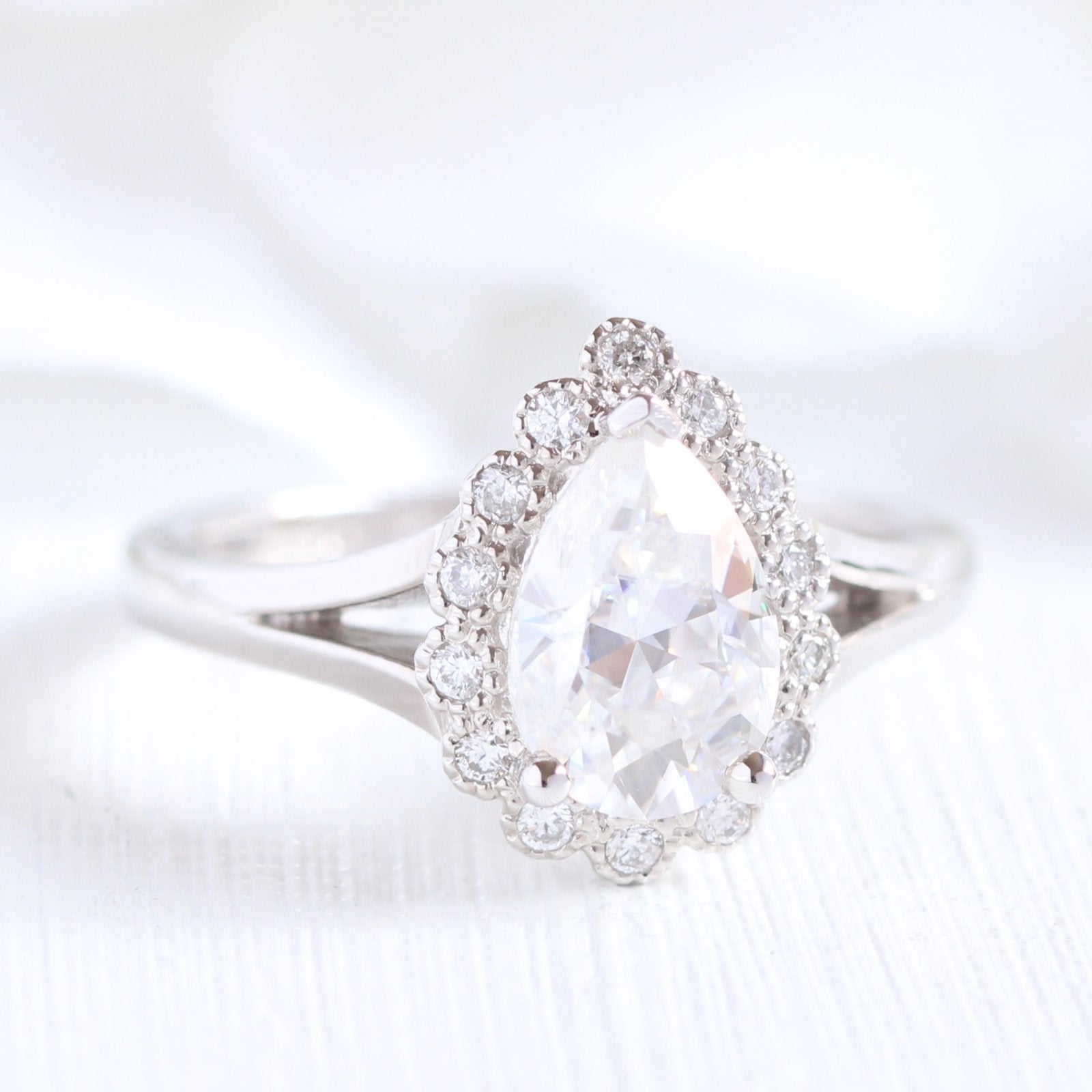 Pear Cut Halo Ring with Split Band