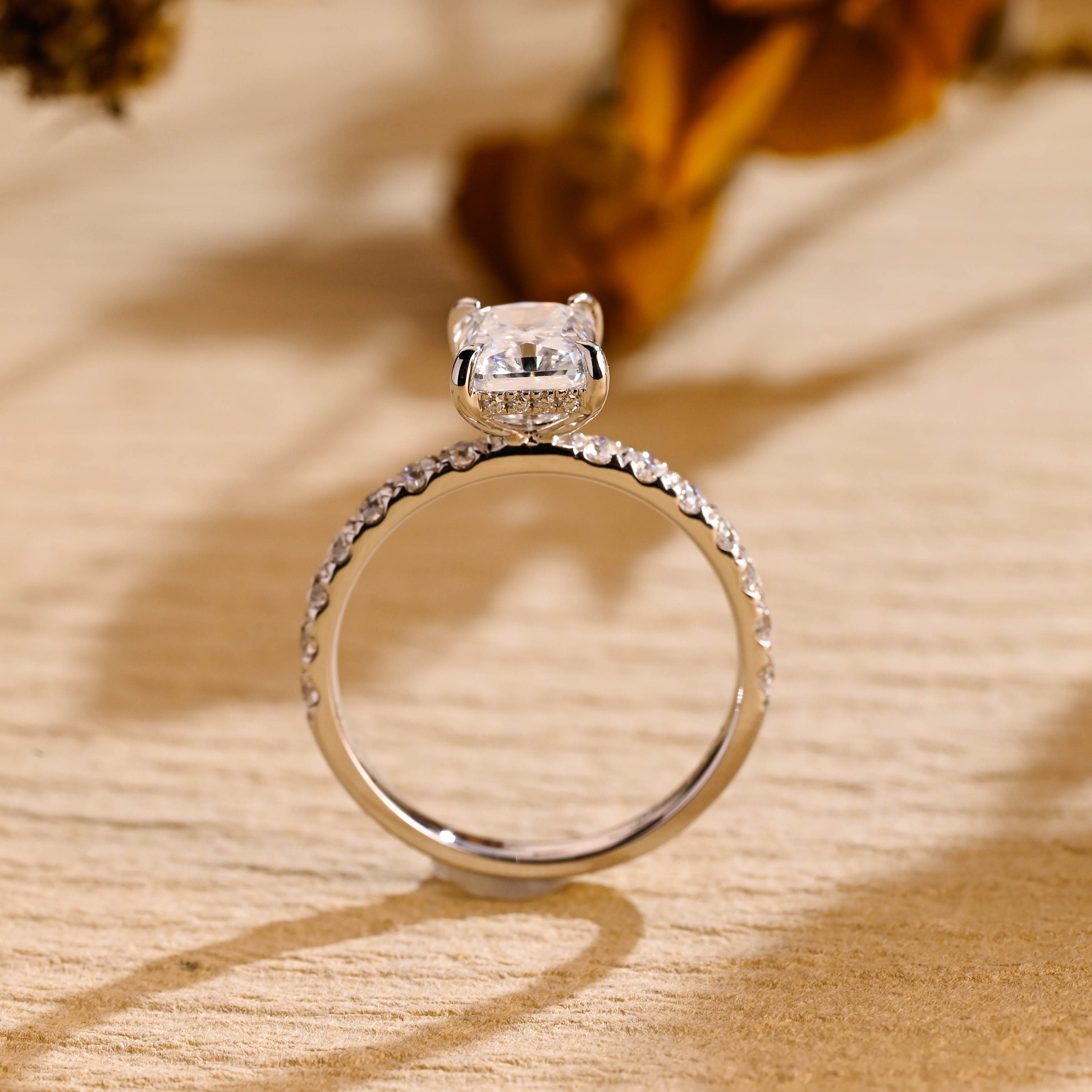 pavé moissanite engagement ring radiant cut gold