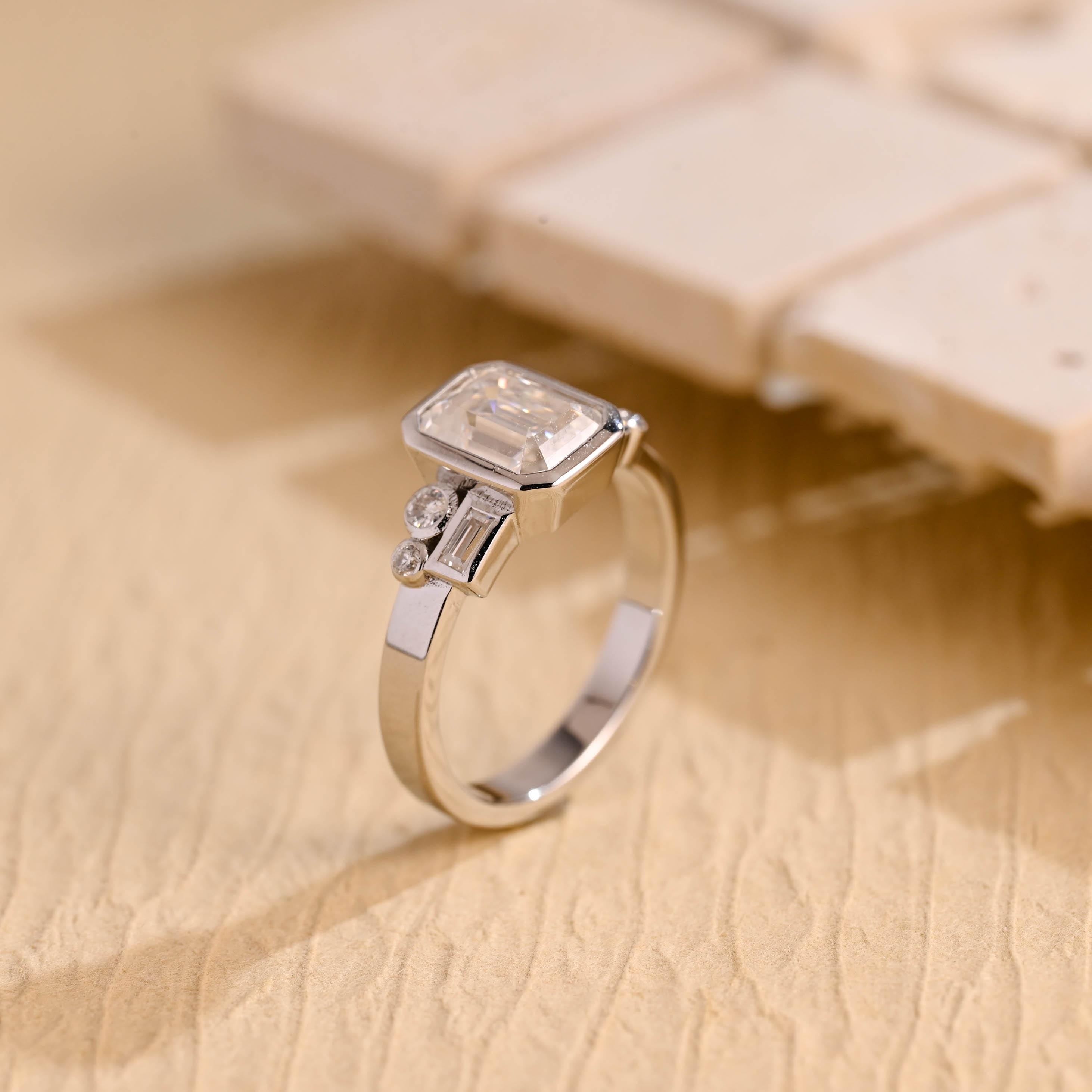 Elegant Emerald Cut Bezel Cluster Moissanite Engagement Ring