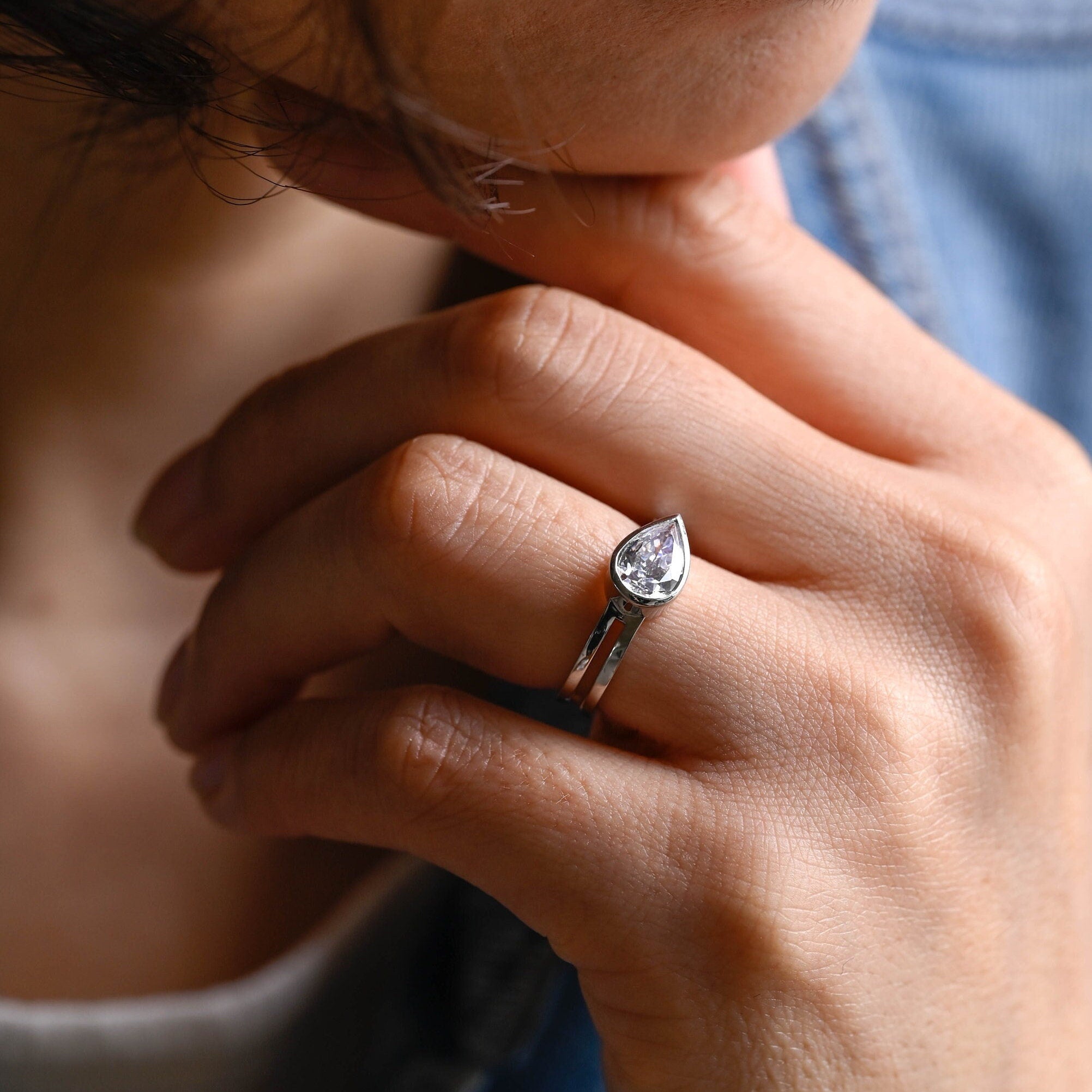 US luxury pear bezel solitaire engagement ring