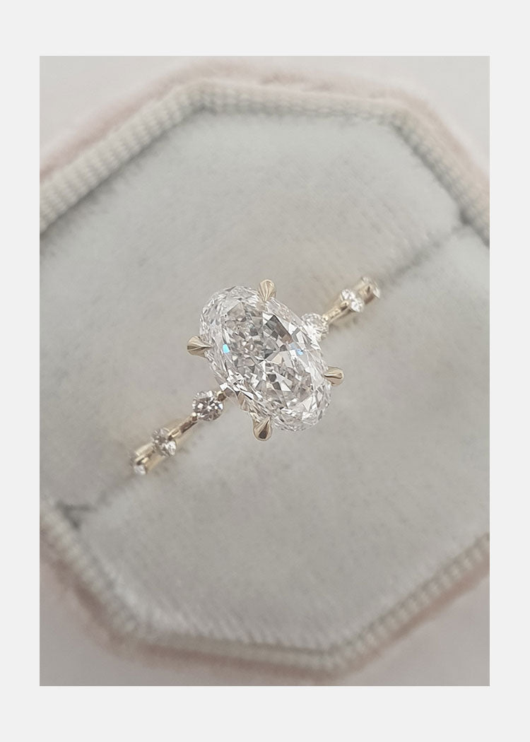 1.50ct Elongated Oval Four Prong Moissanite Diamond Petite Pave Engagement Ring