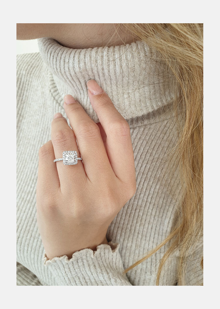 1.50CT Princess Cut Pave Moissanite Diamond Halo Engagement Ring