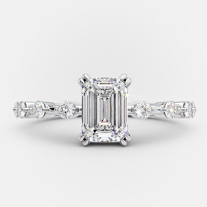 1.0ct Emerald Cut Petite Pave Moissanite Diamond Engagement Ring In Solid Gold