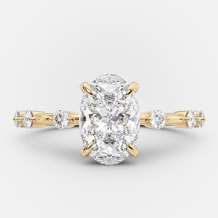 1.50ct Elongated Oval Four Prong Moissanite Diamond Petite Pave Engagement Ring