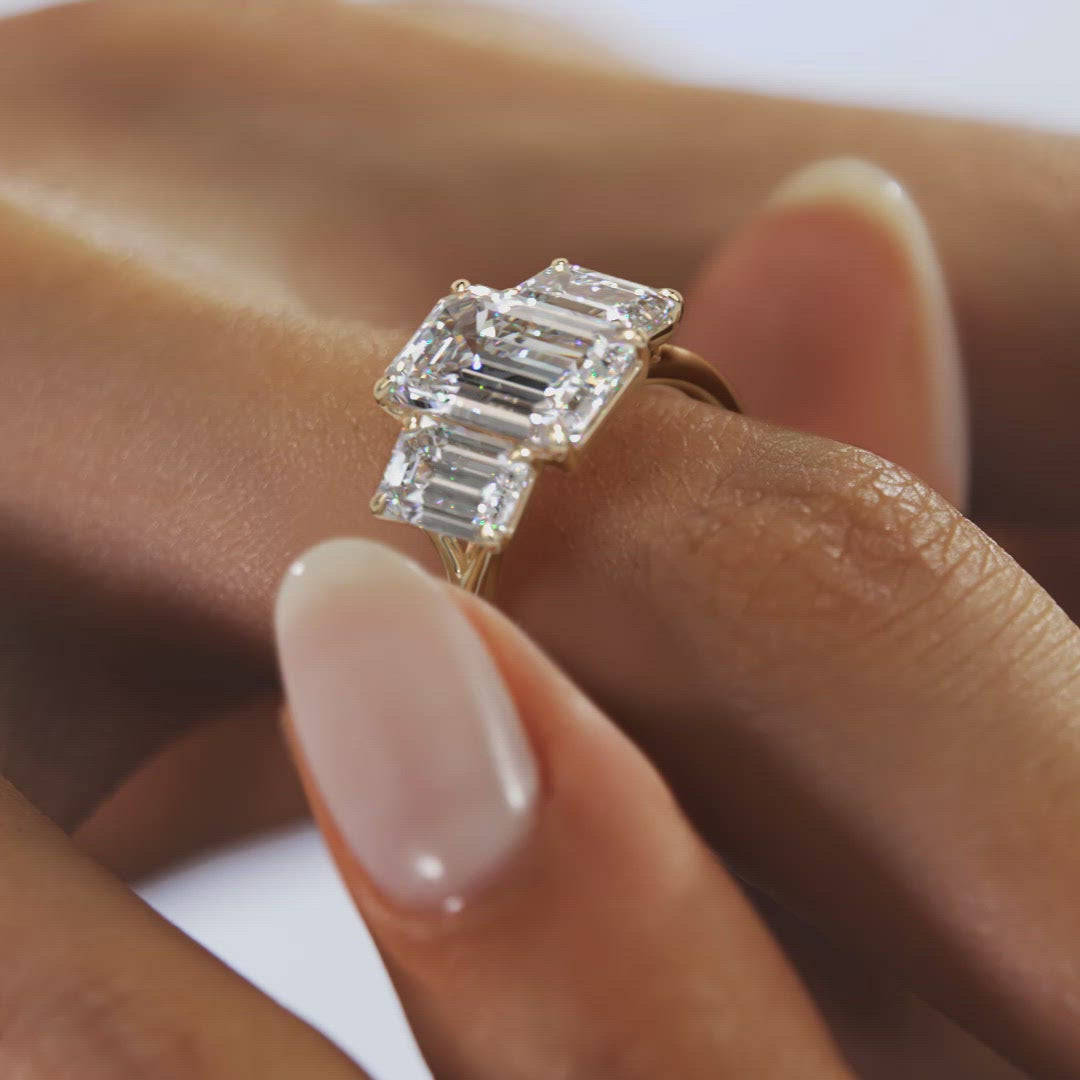 2CT Three Stone Emerald Cut Moissanite Diamond Cathedral Set Engagement Ring