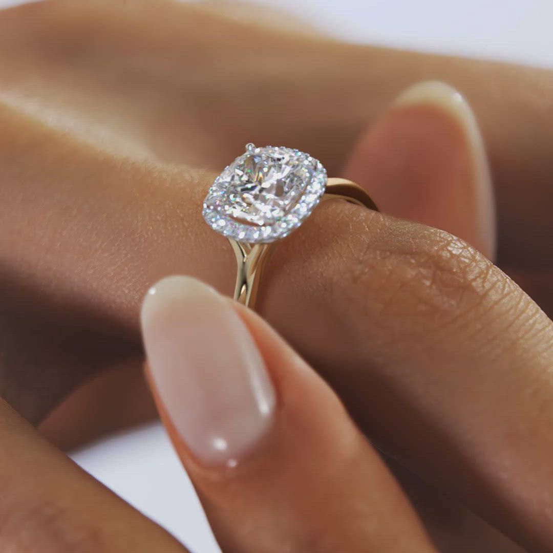 2CT Cushion Halo Moissanite Diamond Two Tone Engagement Ring With Solitaire Setting 