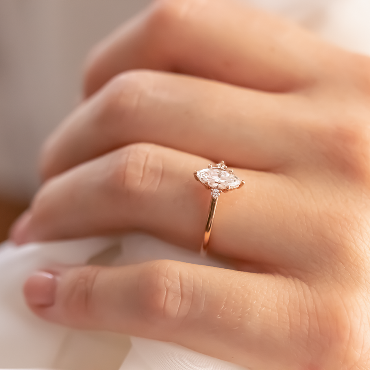 1.0CT Marquise Three Stone Moissanite Diamond Six Prong Engagement Ring