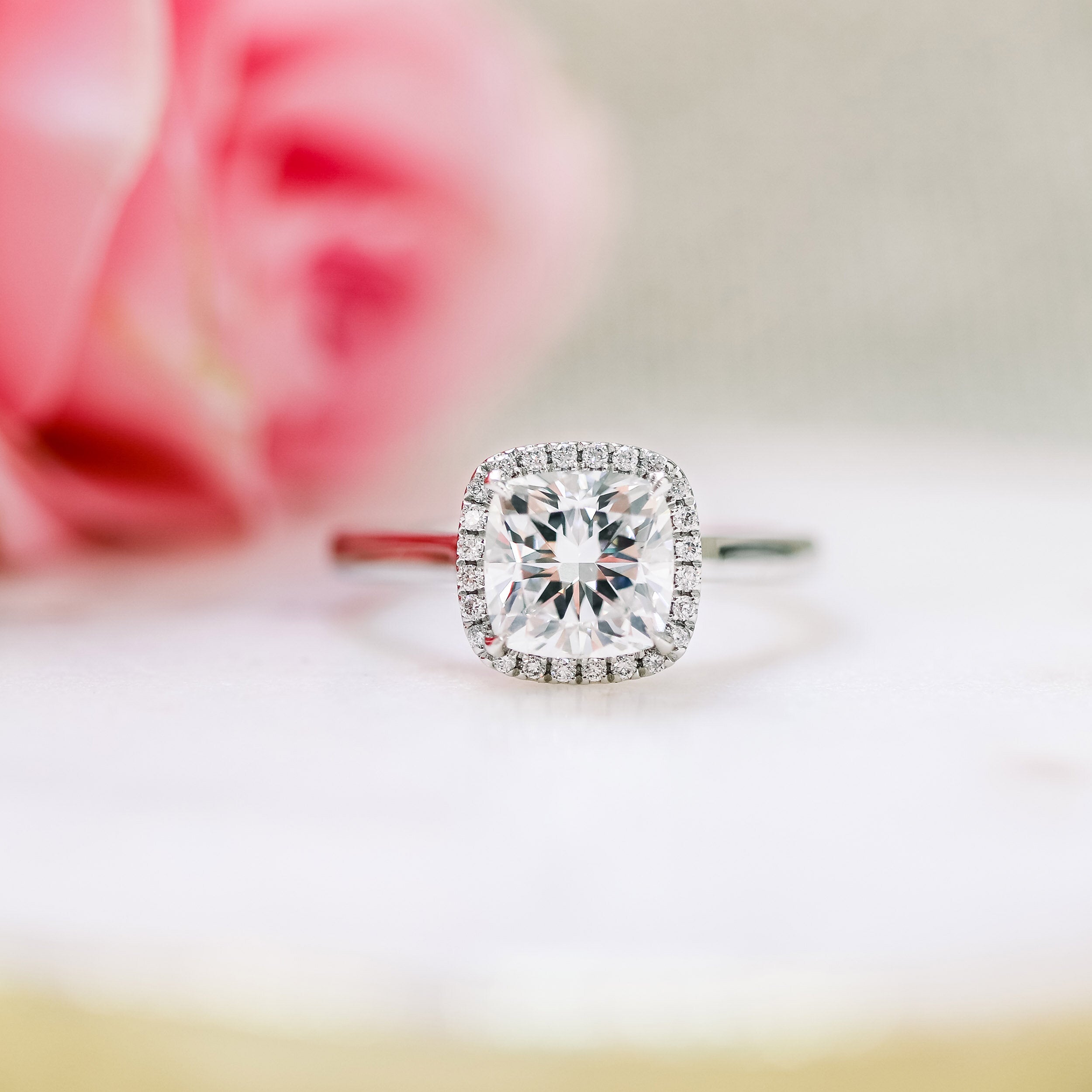 2.0CT Cushion Cut Moissanite Halo Diamond Engagement Ring