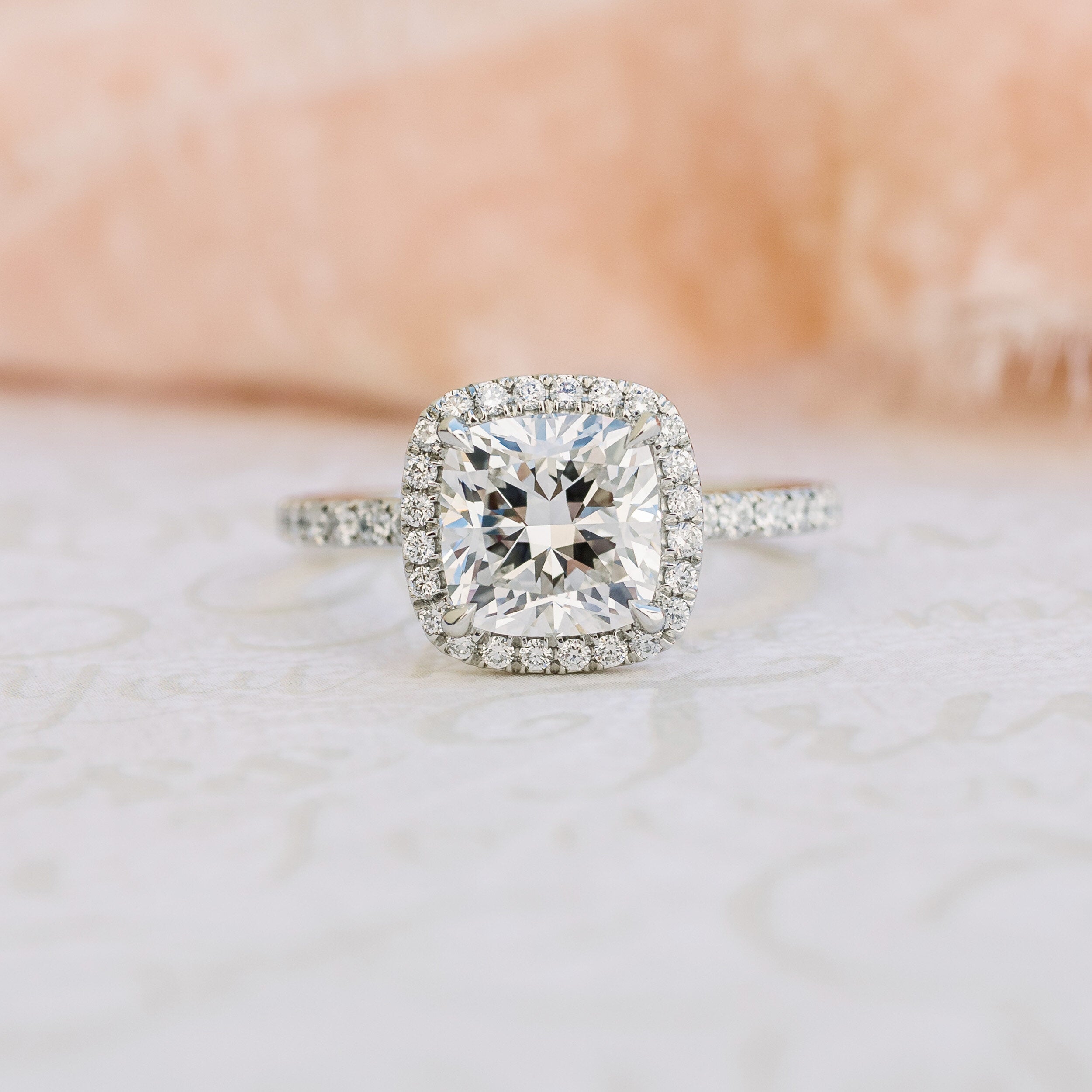 2.0CT Cushion Cut Moissanite Halo Pave Diamond Engagement Ring